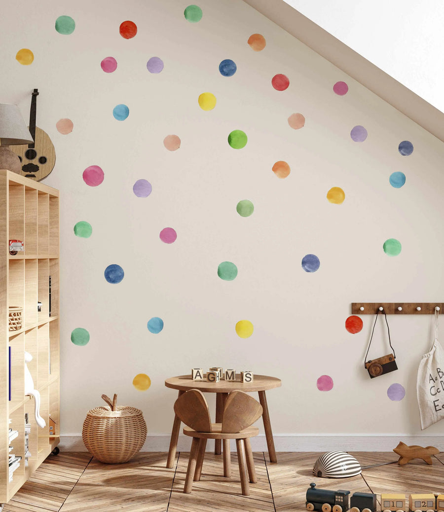 Rainbow Watercolour Dots Decal Set-Decals-Olive et Oriel-Decorate your kids bedroom wall decor with removable wall decals, these fabric kids decals are a great way to add colour and update your children's bedroom. Available as girls wall decals or boys wall decals, there are also nursery decals.