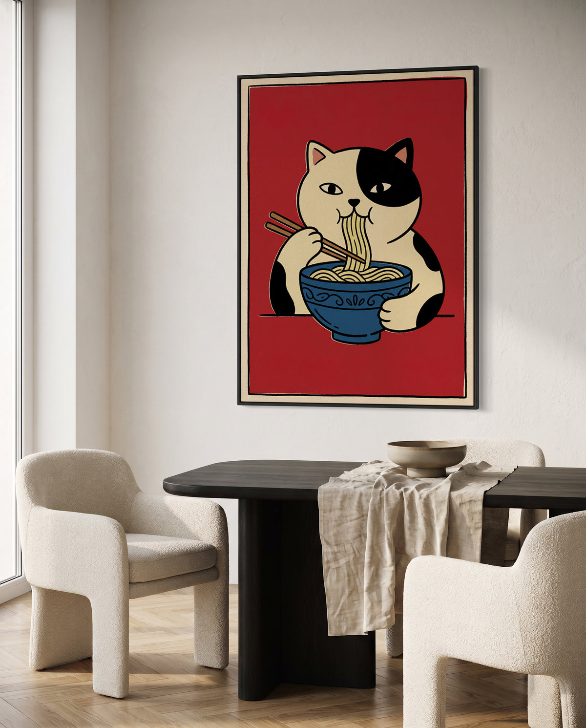 Ramen Eating Cat by Andreas Magnusson | Framed Canvas Art Print