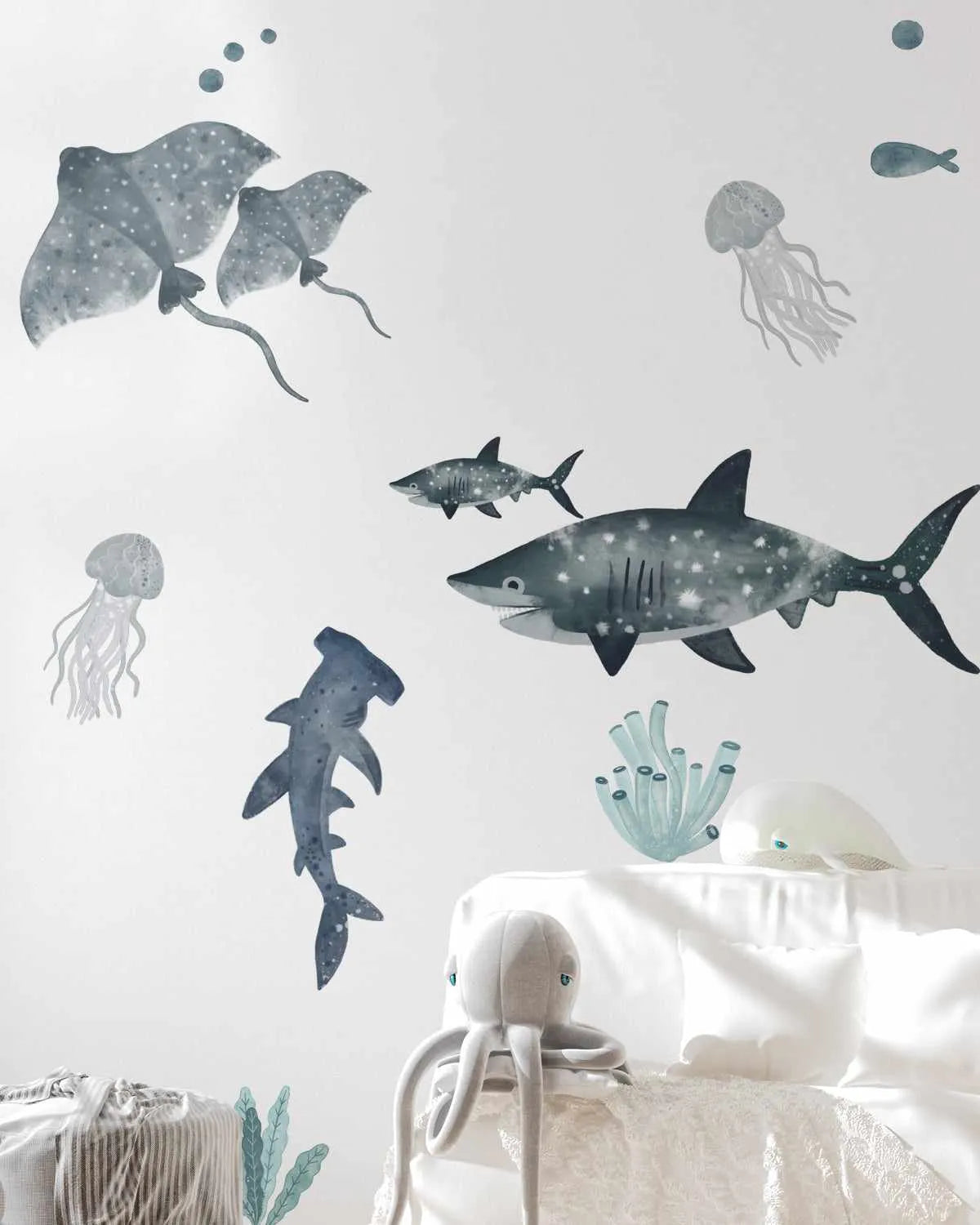 Rays, Jellyfish & Shark Decal Set-Decals-Olive et Oriel-Decorate your kids bedroom wall decor with removable wall decals, these fabric kids decals are a great way to add colour and update your children's bedroom. Available as girls wall decals or boys wall decals, there are also nursery decals.