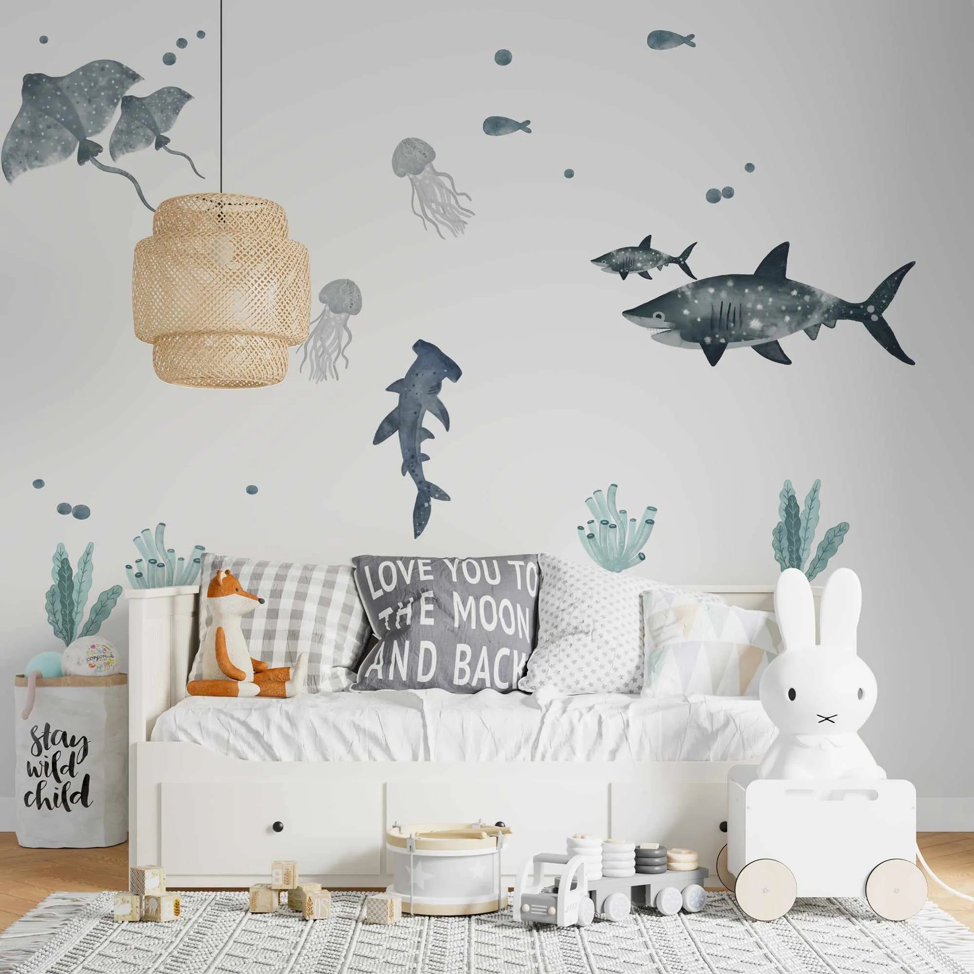 Rays, Jellyfish & Shark Decal Set-Decals-Olive et Oriel-Decorate your kids bedroom wall decor with removable wall decals, these fabric kids decals are a great way to add colour and update your children's bedroom. Available as girls wall decals or boys wall decals, there are also nursery decals.