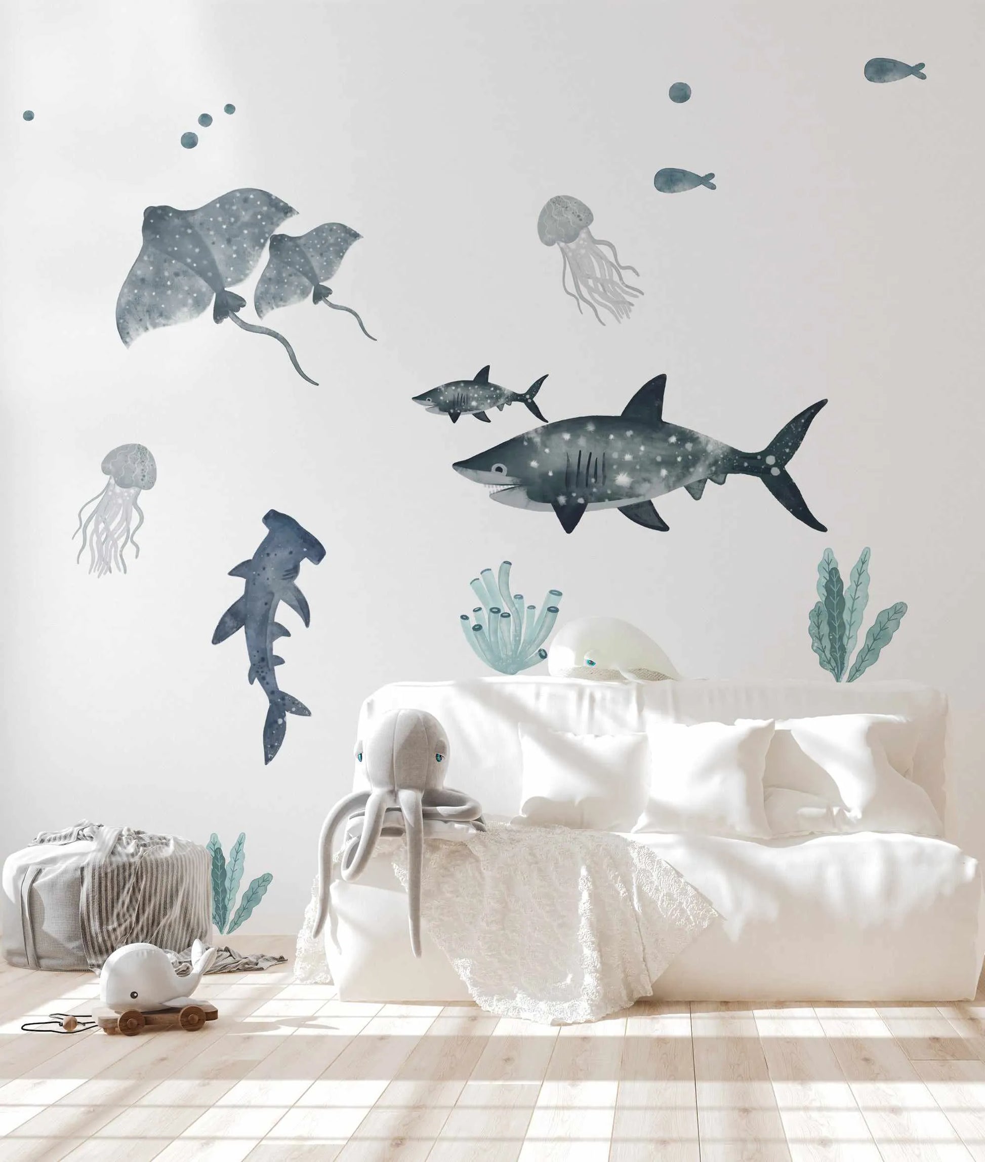 Rays, Jellyfish & Shark Decal Set-Decals-Olive et Oriel-Decorate your kids bedroom wall decor with removable wall decals, these fabric kids decals are a great way to add colour and update your children's bedroom. Available as girls wall decals or boys wall decals, there are also nursery decals.