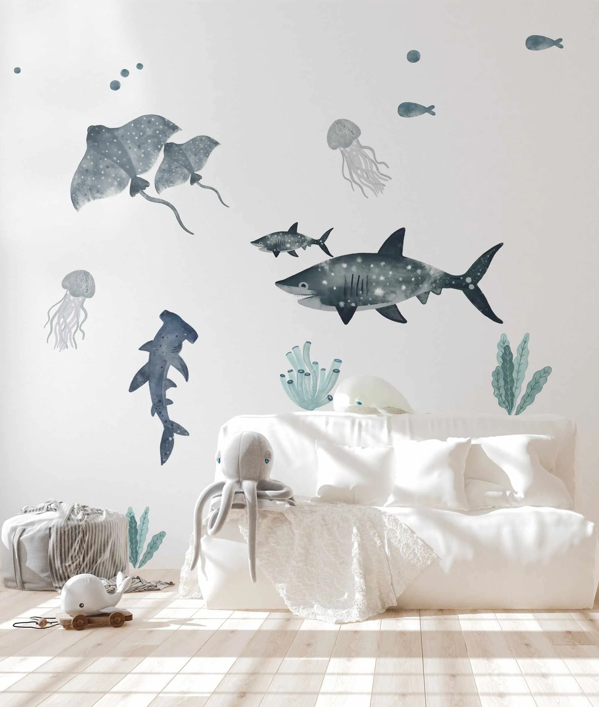Rays, Jellyfish & Shark Decal Set-Decals-Olive et Oriel-Decorate your kids bedroom wall decor with removable wall decals, these fabric kids decals are a great way to add colour and update your children's bedroom. Available as girls wall decals or boys wall decals, there are also nursery decals.