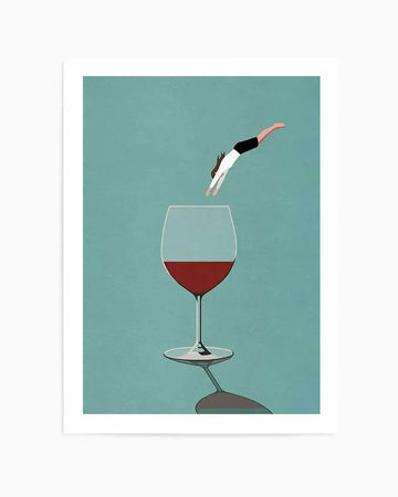Art Print:
"Minimalist art print featuring a person diving headfirst into a large glass of red wine, depicted with a flat, graphic illustration style on a textured teal background. The person wears a white shirt and black shorts, with brown hair, and is captured mid-air above the wine glass. The wine glass contains dark red liquid and casts a subtle shadow on the teal surface."