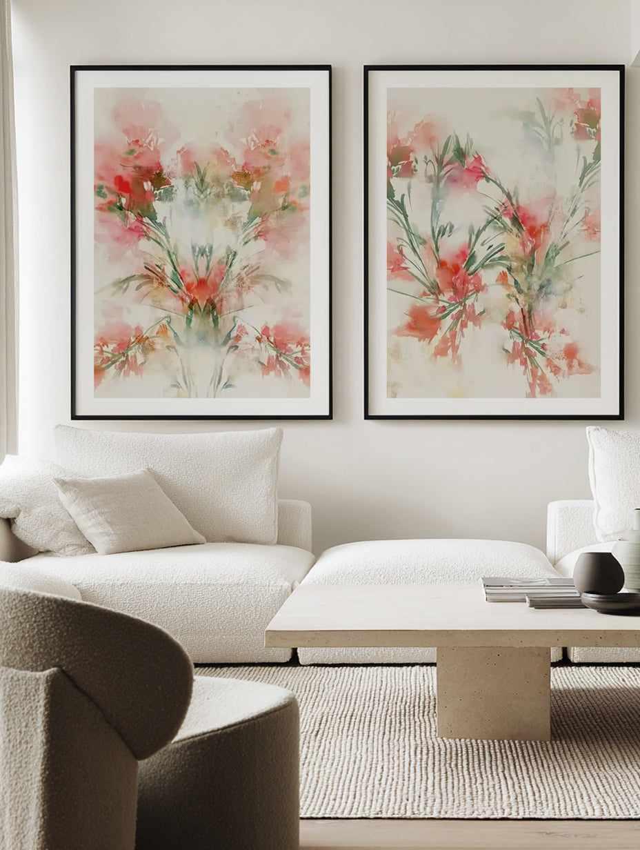 Red Flowers I & II Art Print Set of 2 | Matching Wall Art
