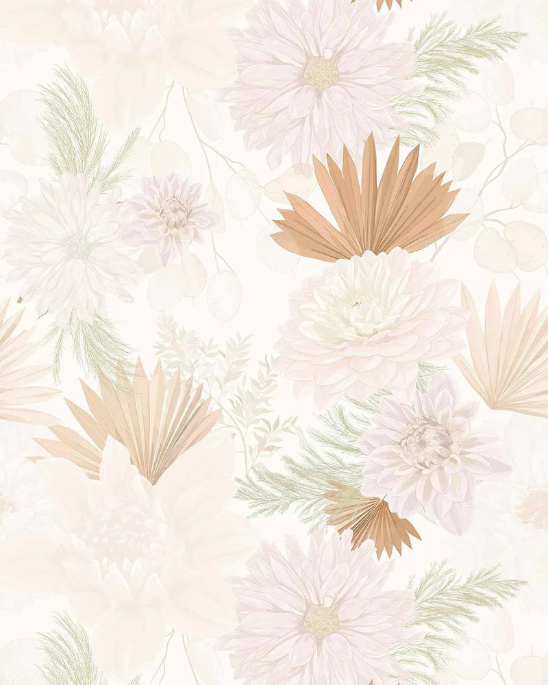 Peel and stick wallpaper featuring a repeating pattern of hand-painted dahlias and dried palm fronds in soft blush pink, creamy white, and warm beige tones on a light cream background. The botanical design includes delicate green foliage and has a gentle, airy watercolour quality.