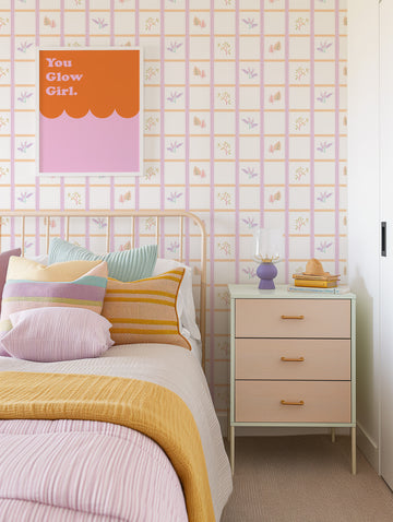 Remis Floral Plaid in Peachy Pink By the Roll Wallpaper from Olive et Oriel where you can shop wallpaper and artworks online
