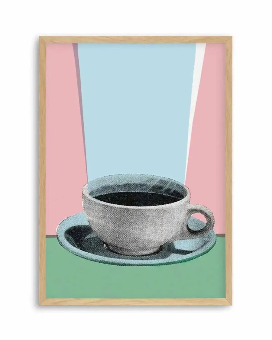 Retro art print featuring a steaming cup of coffee on a saucer, set against a background of geometric colour blocks in pastel pink, light blue, and mint green, displayed in a natural oak frame with white border.