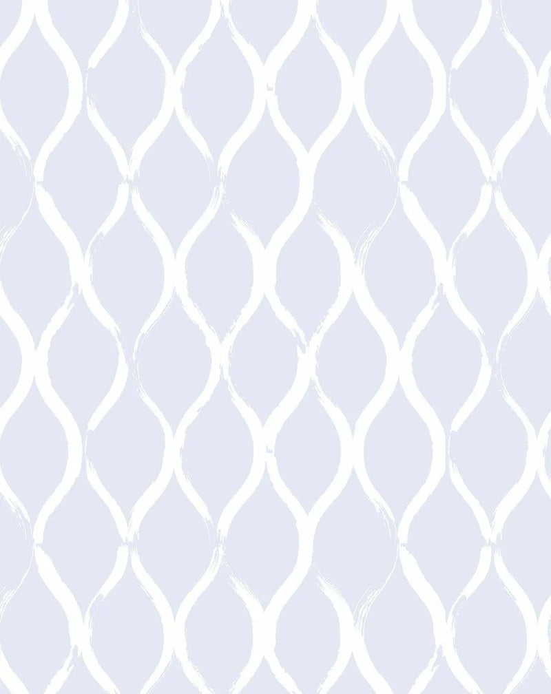 Peel and stick wallpaper featuring a repeating pattern of hand-painted ogee curves in white with visible brushstroke texture on a soft lavender background.