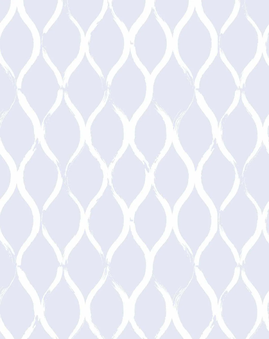 Peel and stick wallpaper featuring a repeating pattern of hand-painted ogee curves in white with visible brushstroke texture on a soft lavender background.