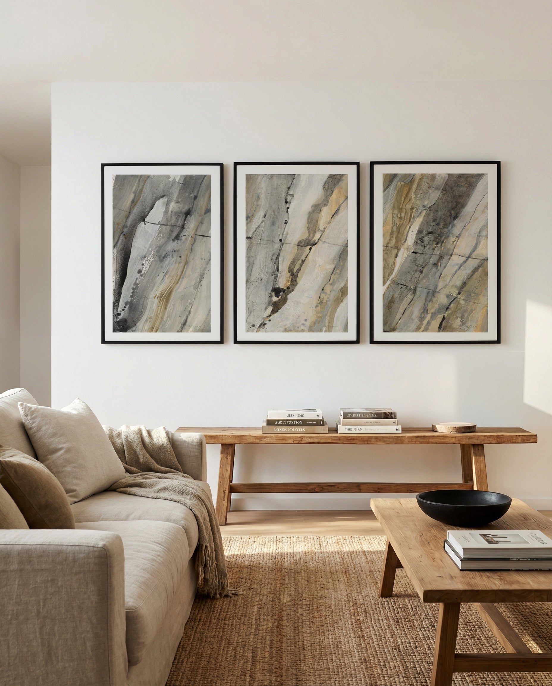 Riverbank I, II & III | 3 Piece Wall Art Set in Brown and Grey abstract art print oak frame with white border