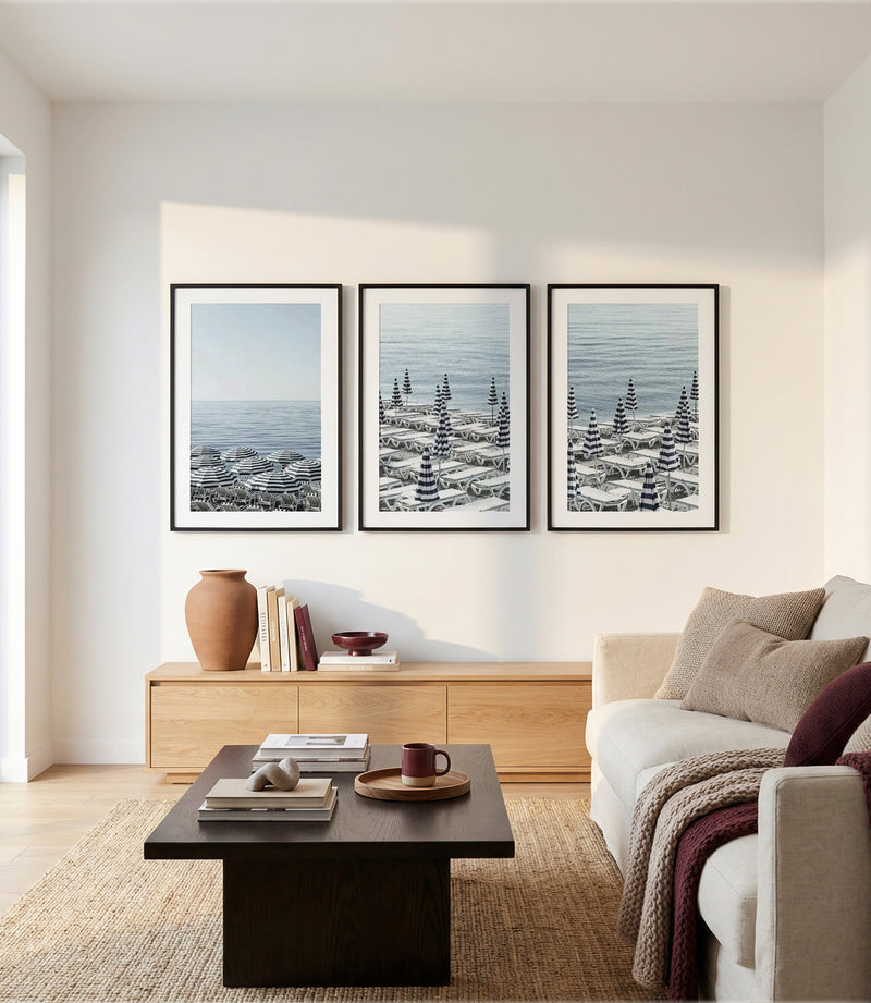 Riviera Parasols I, II & III | 3 Piece Wall Art Set in Blue coastal art print oak frame with white border