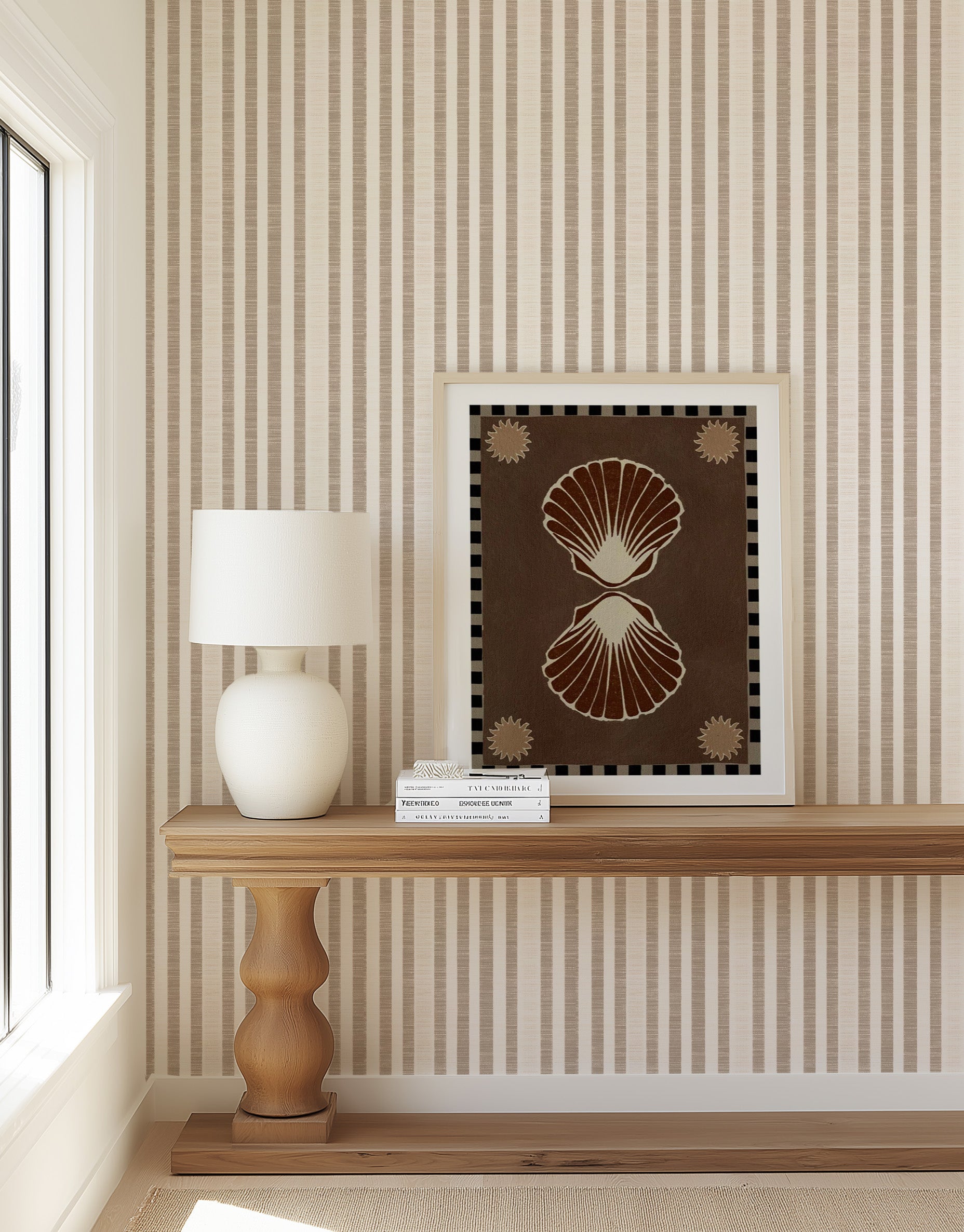 Riviera Stripe in Beige Wallpaper from Olive et Oriel where you can shop wallpaper and artworks online