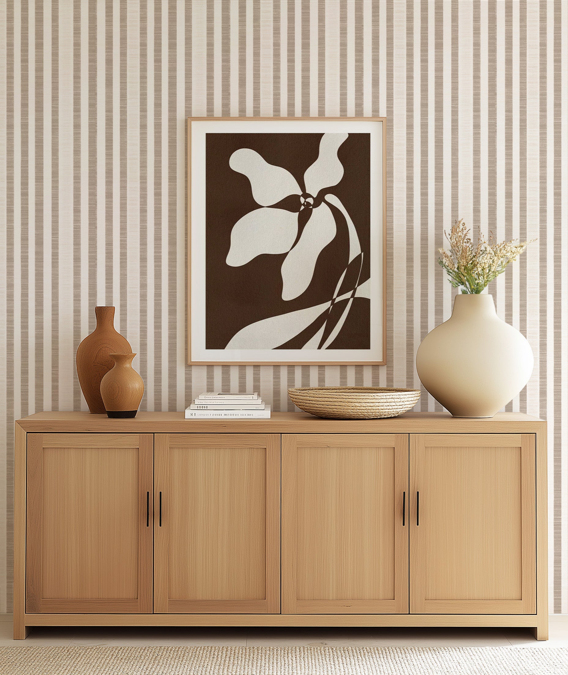 Riviera Stripe in Beige Wallpaper from Olive et Oriel where you can shop wallpaper and artworks online