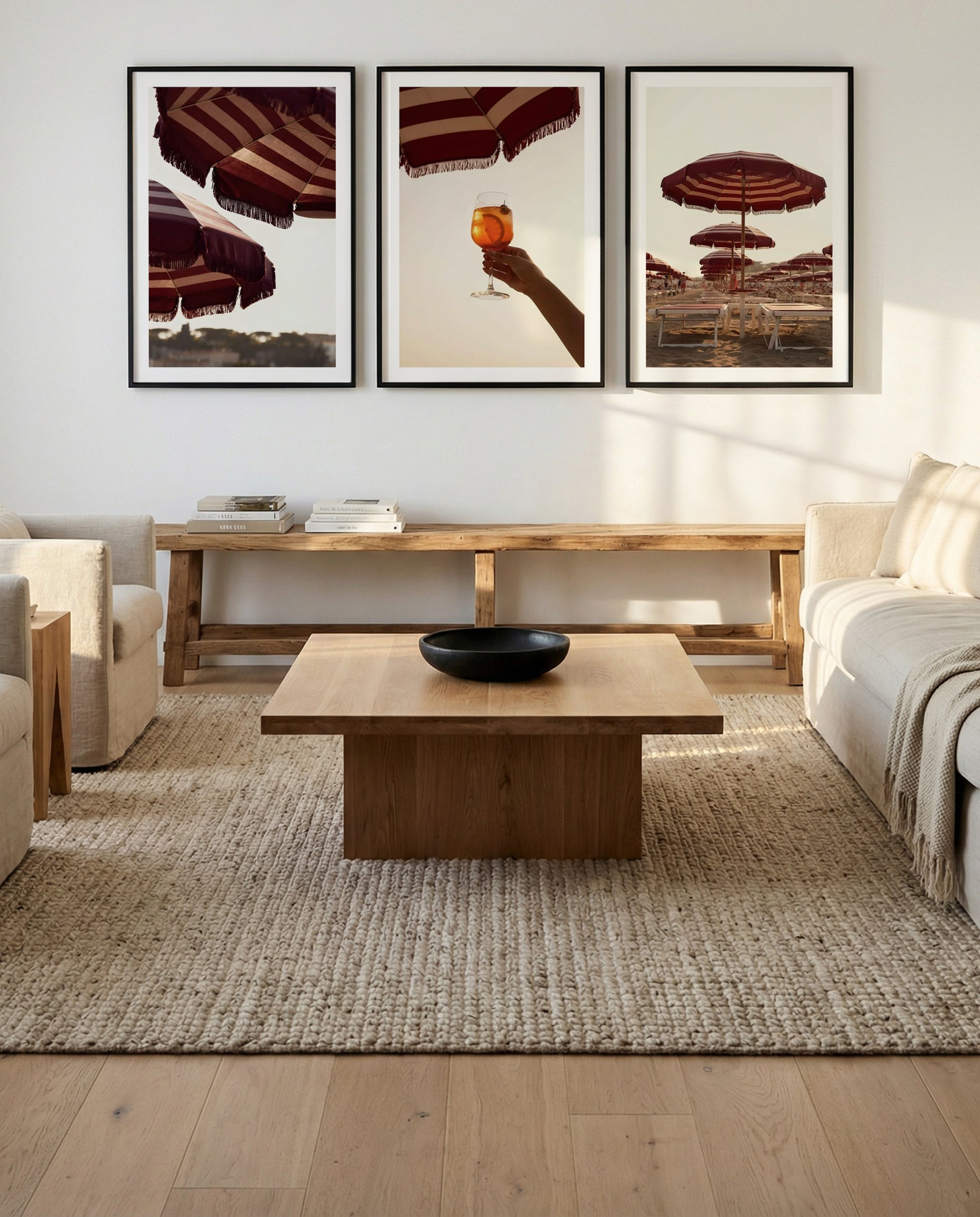 Riviera Sunsets I, II & III | 3 Piece Wall Art Set in Burgundy and Red art print oak frame with white border