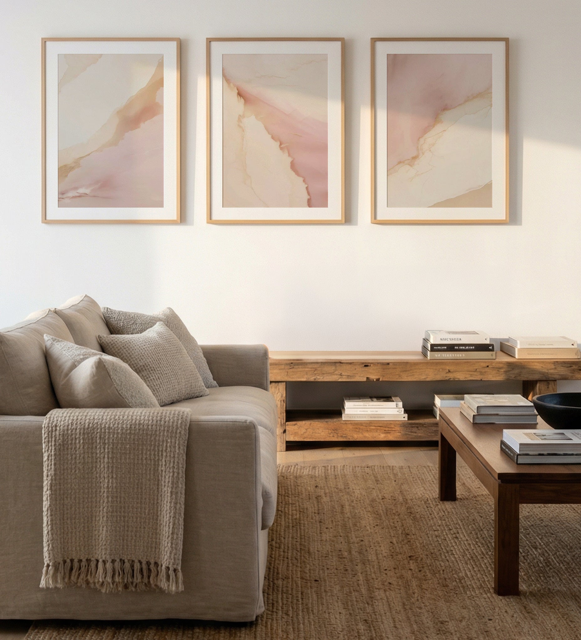 Rose Fusion I, II & III | 3 Piece Wall Art Set in Brown and Pink abstract art print oak frame with white border
