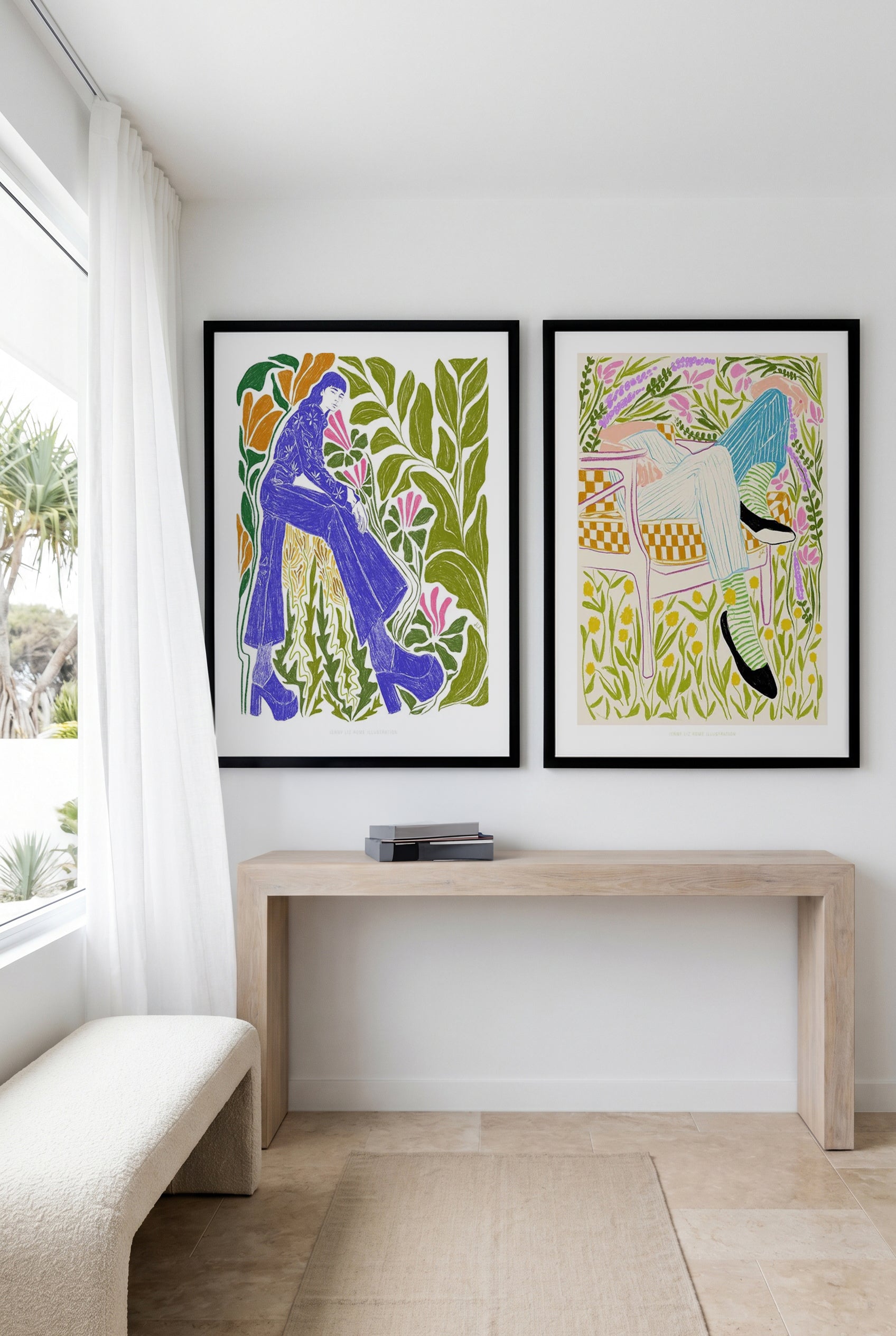 Rosealie & Quiet In The Garden by Jenny Liz Rome Art Print Set of 2 | Matching Wall Art