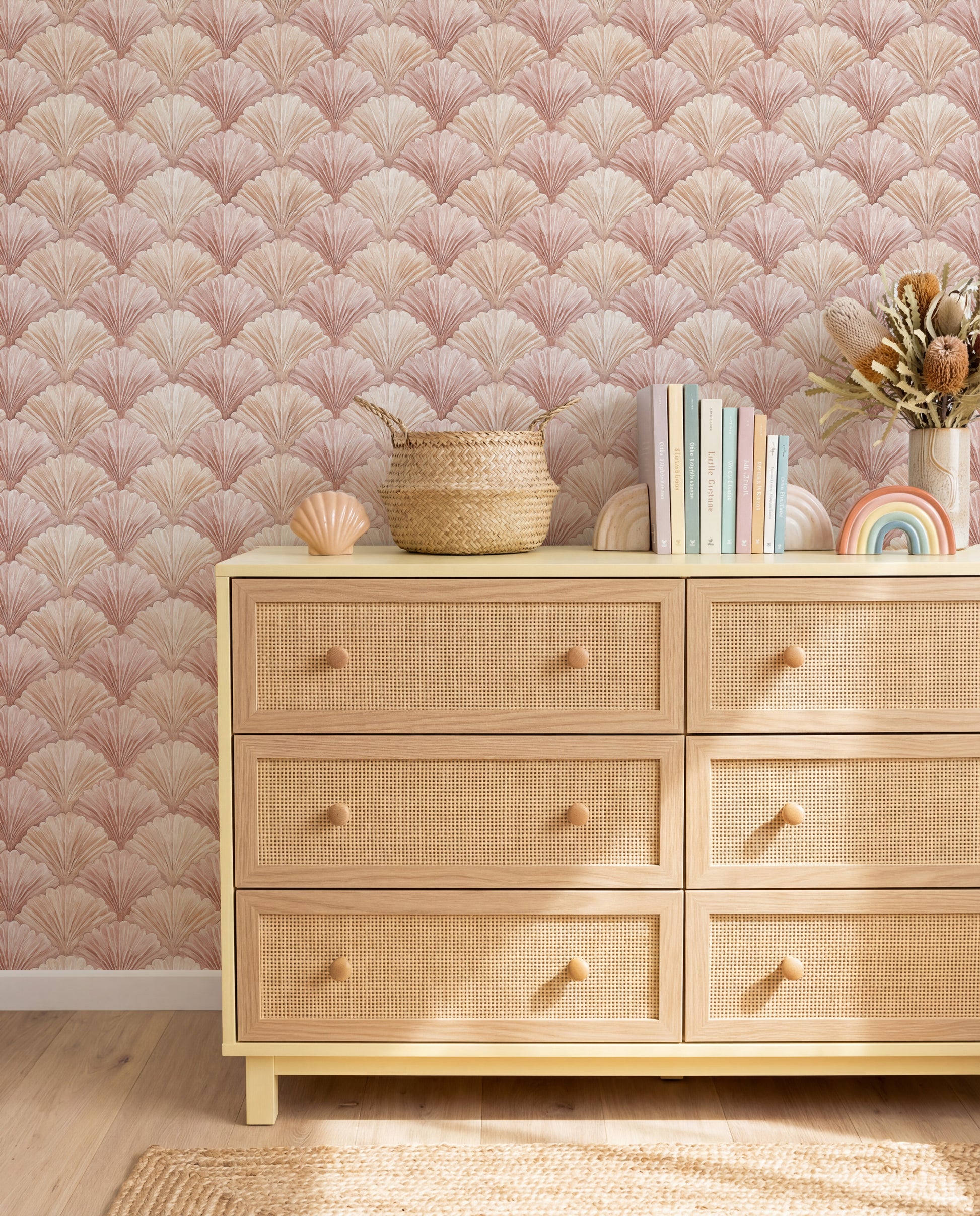 Rosewater Shells Wallpaper from Olive et Oriel where you can shop wallpaper and artworks online