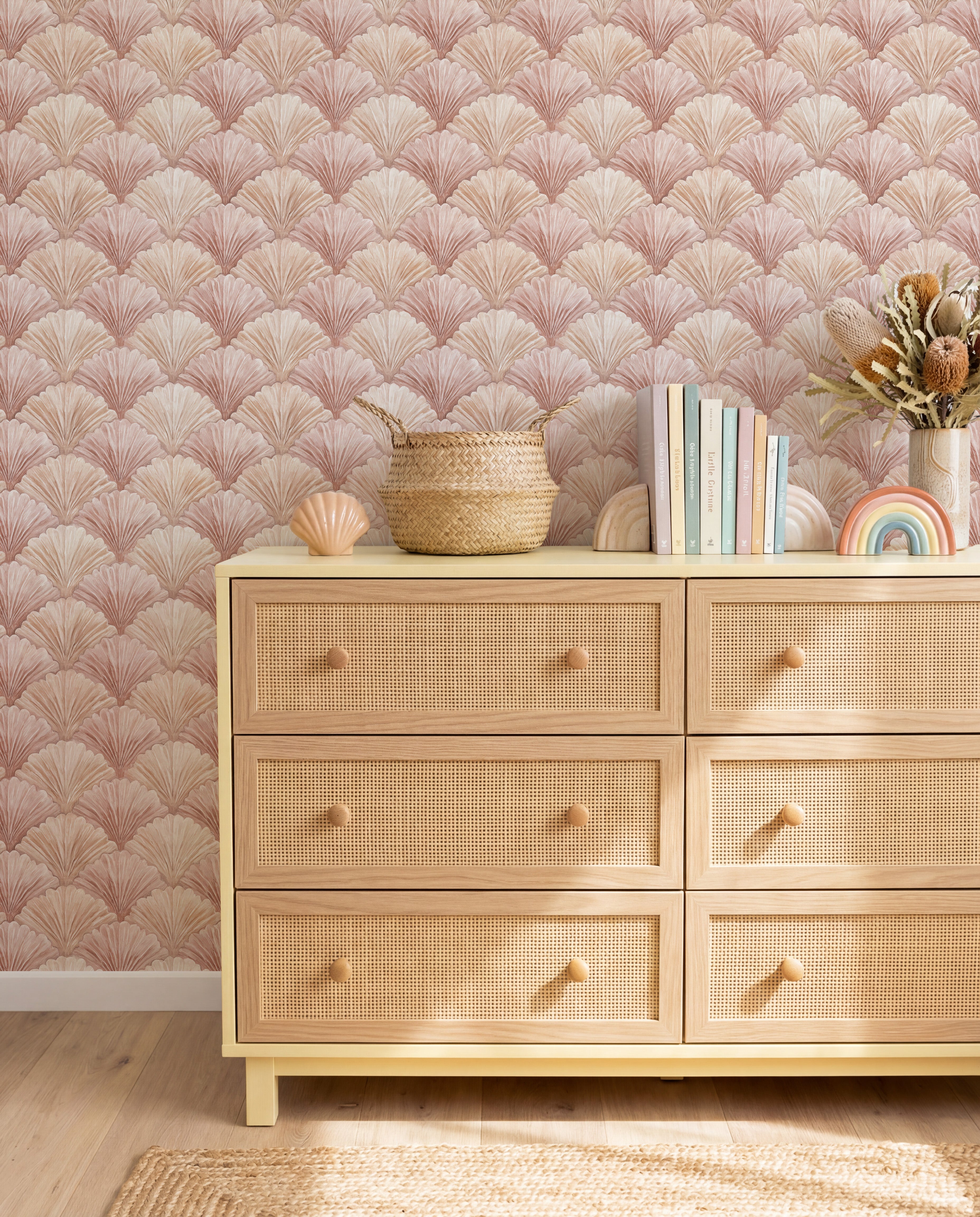 Rosewater Shells Wallpaper from Olive et Oriel where you can shop wallpaper and artworks online