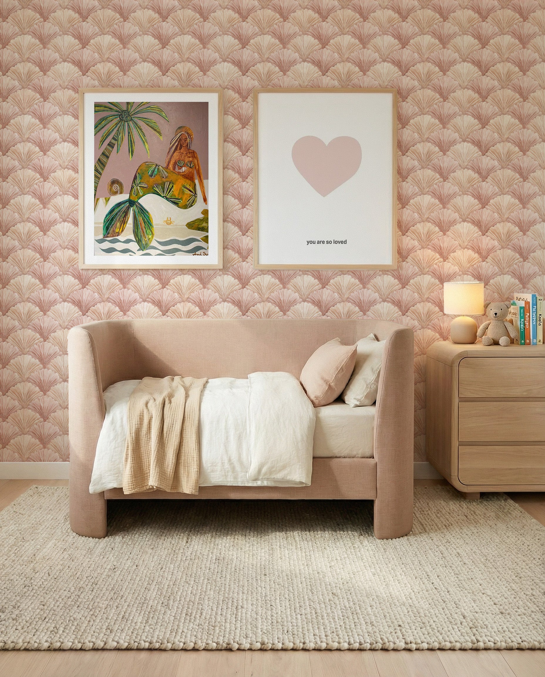 Rosewater Shells Wallpaper from Olive et Oriel where you can shop wallpaper and artworks online