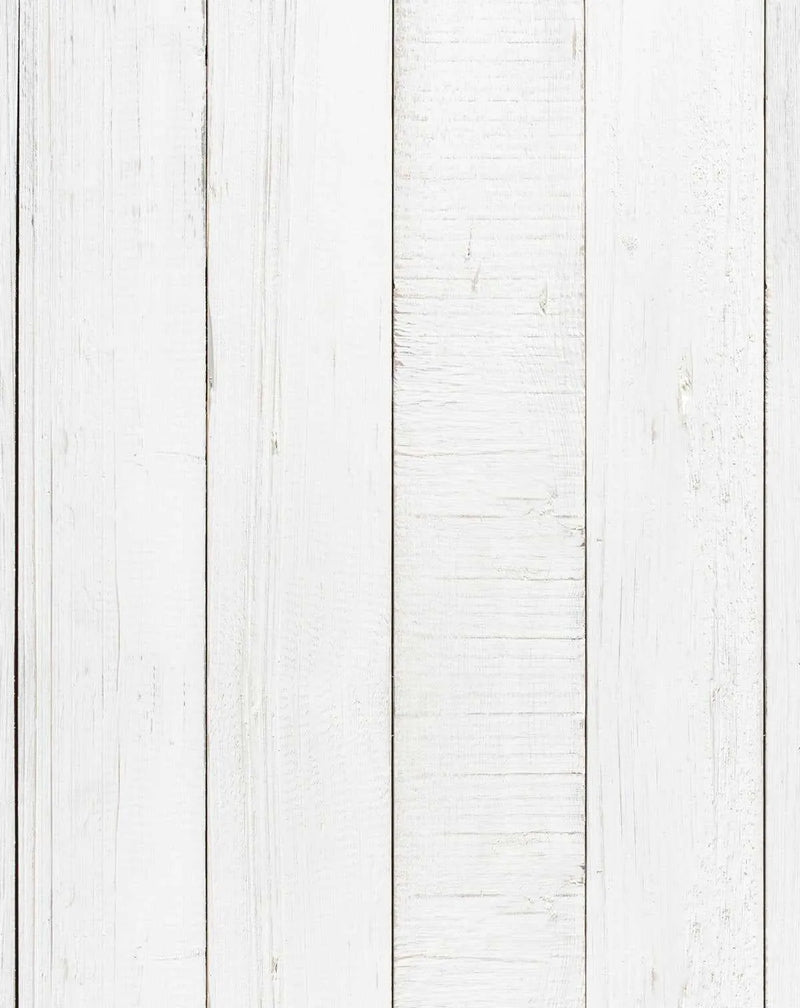 Peel and stick wallpaper featuring a repeating pattern of vertical wood panels in distressed white with visible grain and subtle texture. The design mimics rustic painted timber planks.