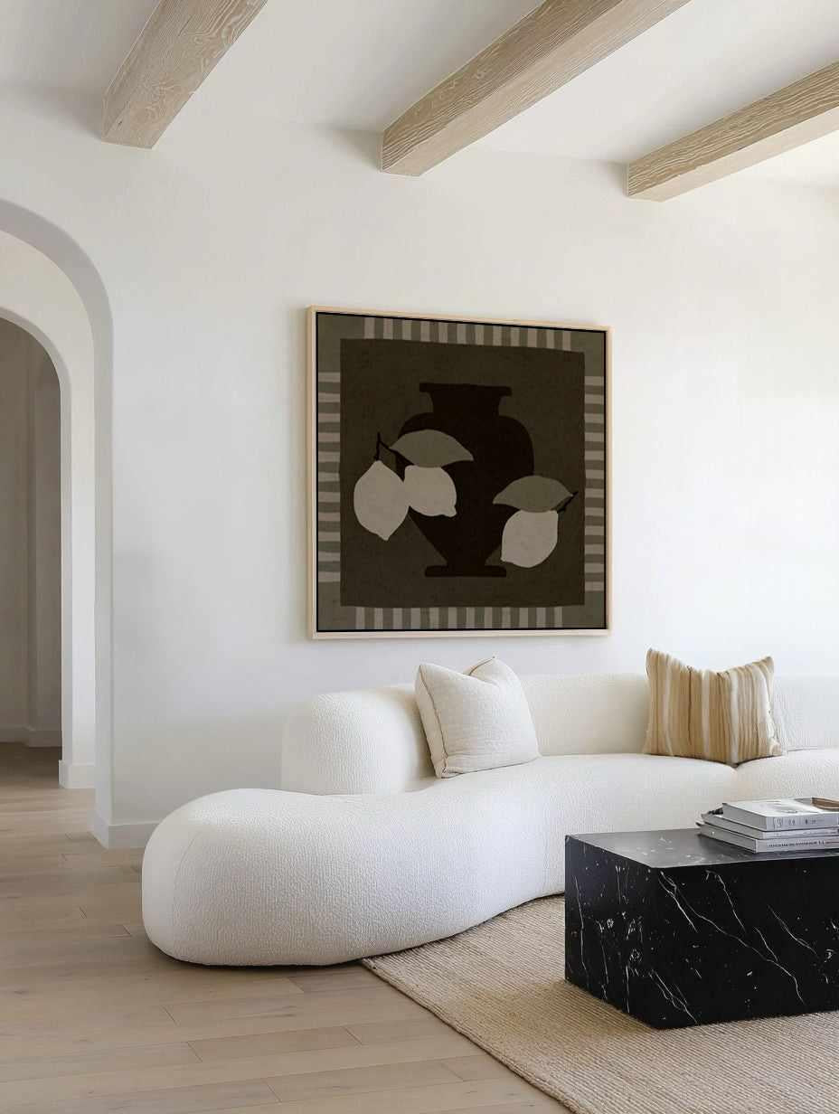 Still Life With Vase And Lemons I by Shatha Al Dafai | Framed Canvas Art Print from Olive et Oriel where you can shop wallpaper and artworks online