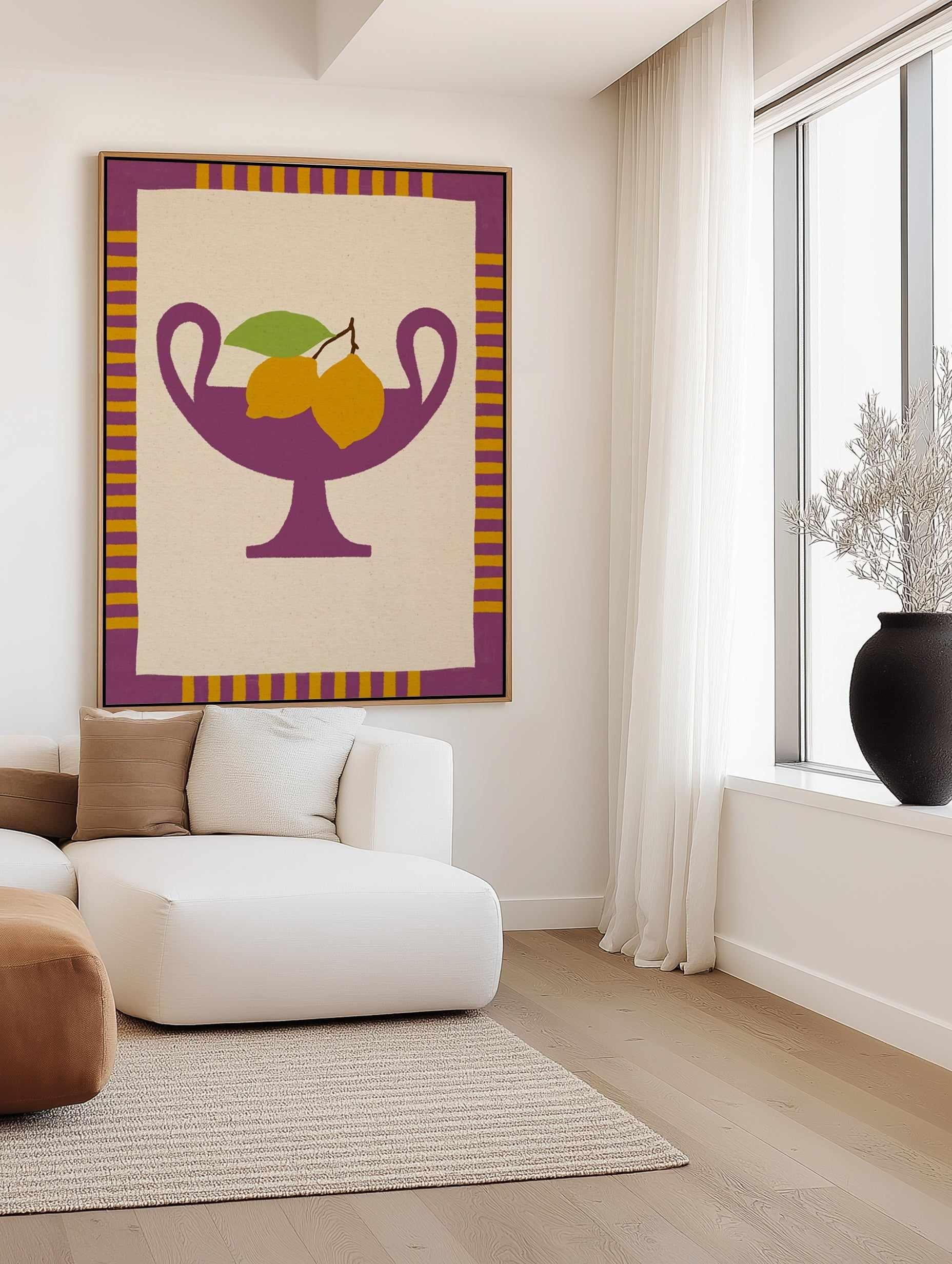 Still Life With Vase And Lemons II Color Edition by Shatha Al Dafai | Framed Canvas Art Print from Olive et Oriel where you can shop wallpaper and artworks online