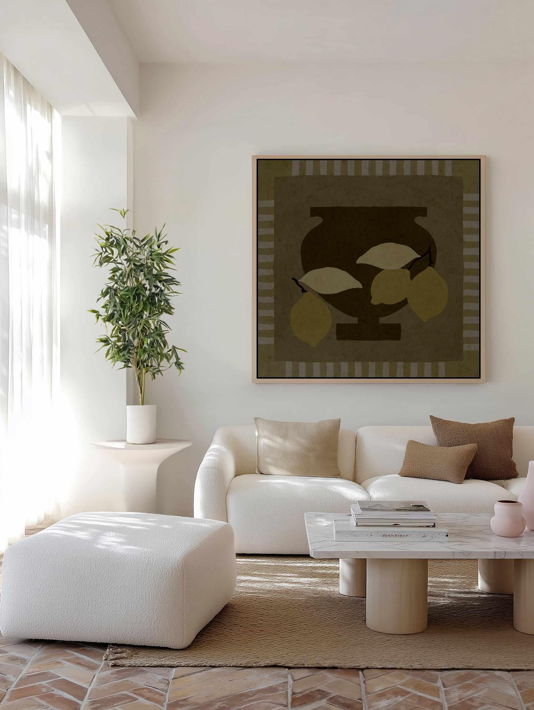 Still Life With Vase And Lemons III by Shatha Al Dafai | Framed Canvas Art Print from Olive et Oriel where you can shop wallpaper and artworks online