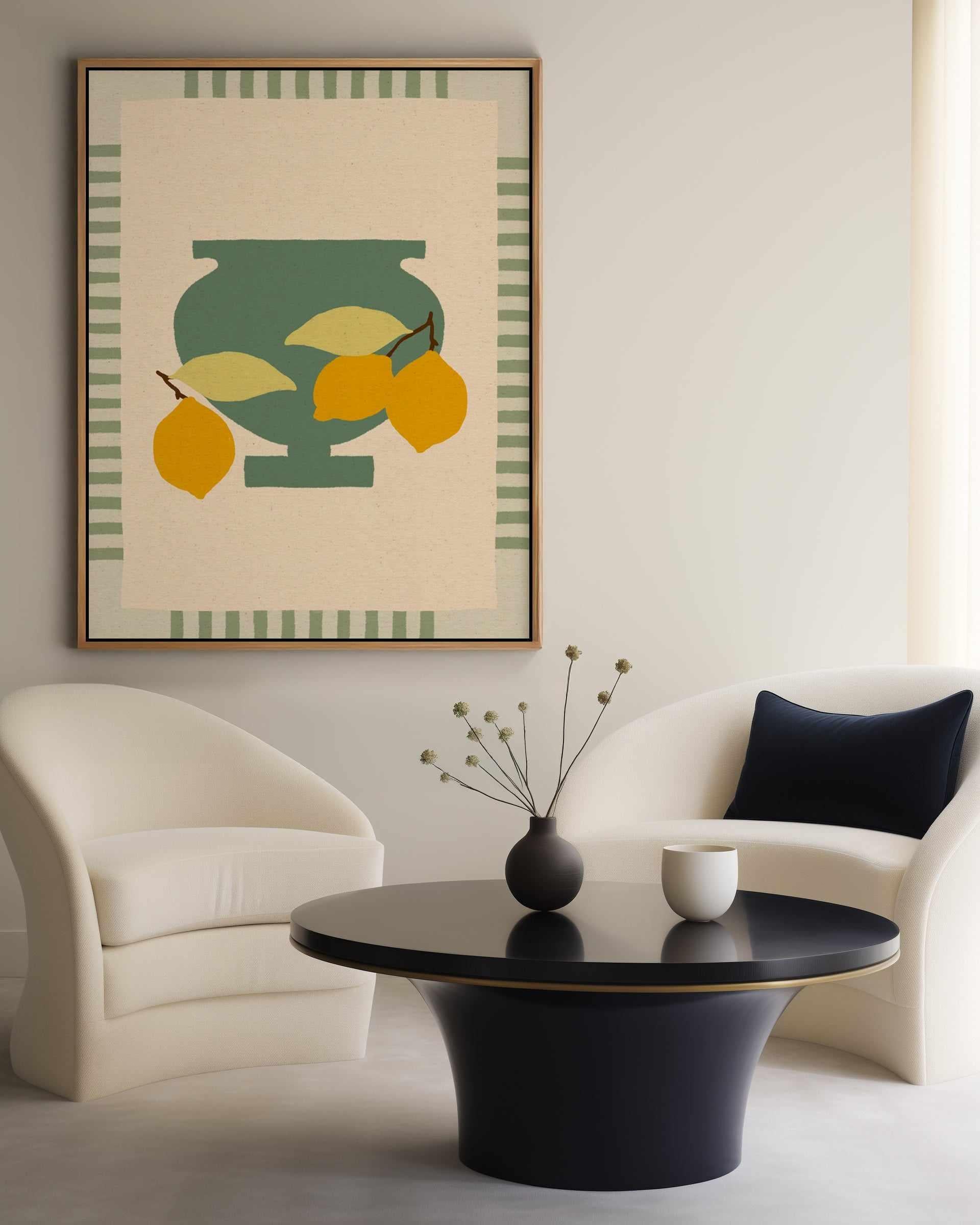 Still Life With Vase And Lemons III Color Edition by Shatha Al Dafai | Framed Canvas Art Print from Olive et Oriel where you can shop wallpaper and artworks online