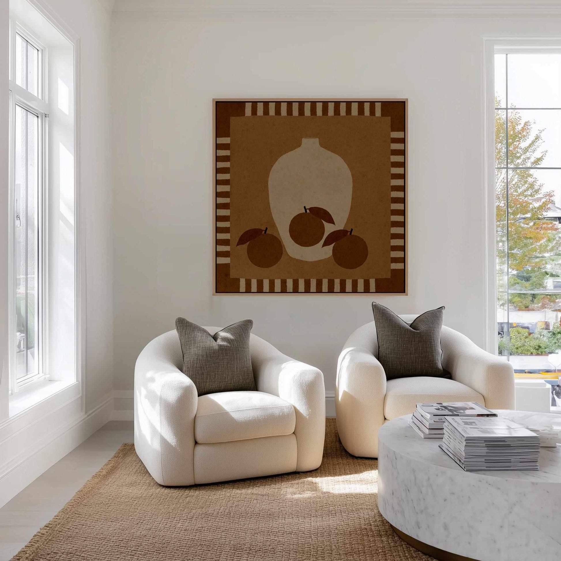 Still Life With Vase And Oranges II by Shatha Al Dafai | Framed Canvas Art Print from Olive et Oriel where you can shop wallpaper and artworks online