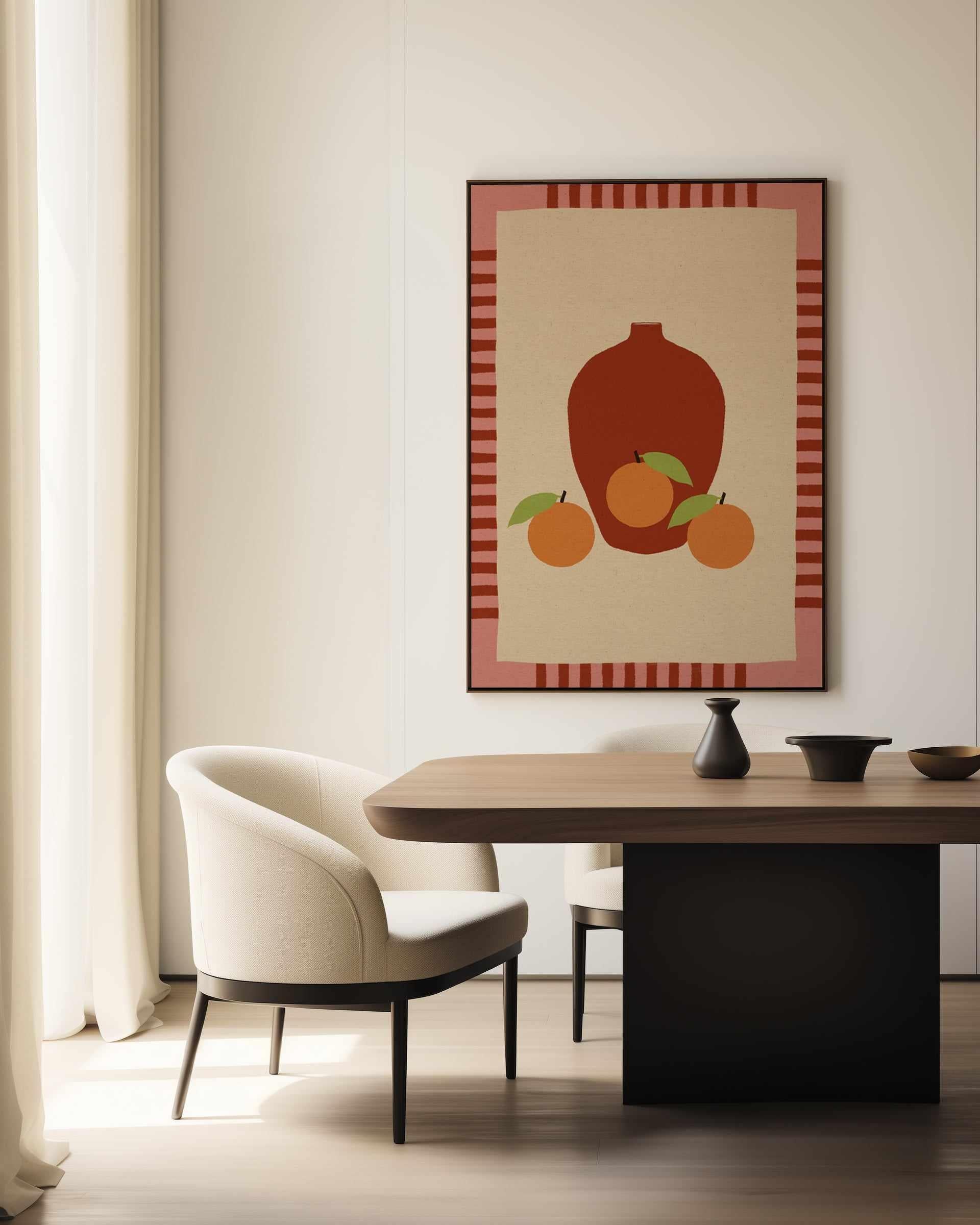 Still Life With Vase And Oranges II Color Edition by Shatha Al Dafai | Framed Canvas Art Print from Olive et Oriel where you can shop wallpaper and artworks online