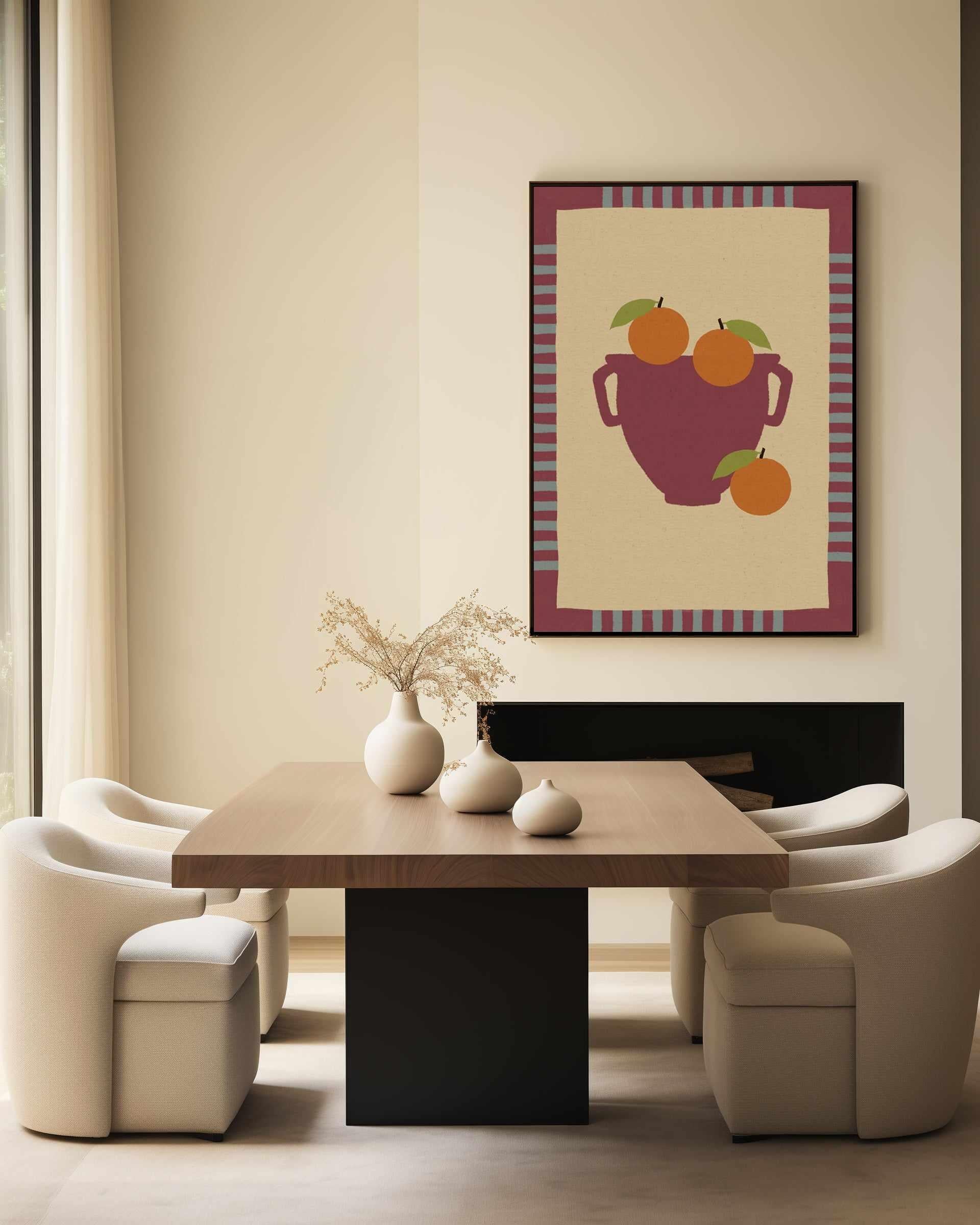 Still Life With Vase And Oranges III Color Edition by Shatha Al Dafai | Framed Canvas Art Print from Olive et Oriel where you can shop wallpaper and artworks online