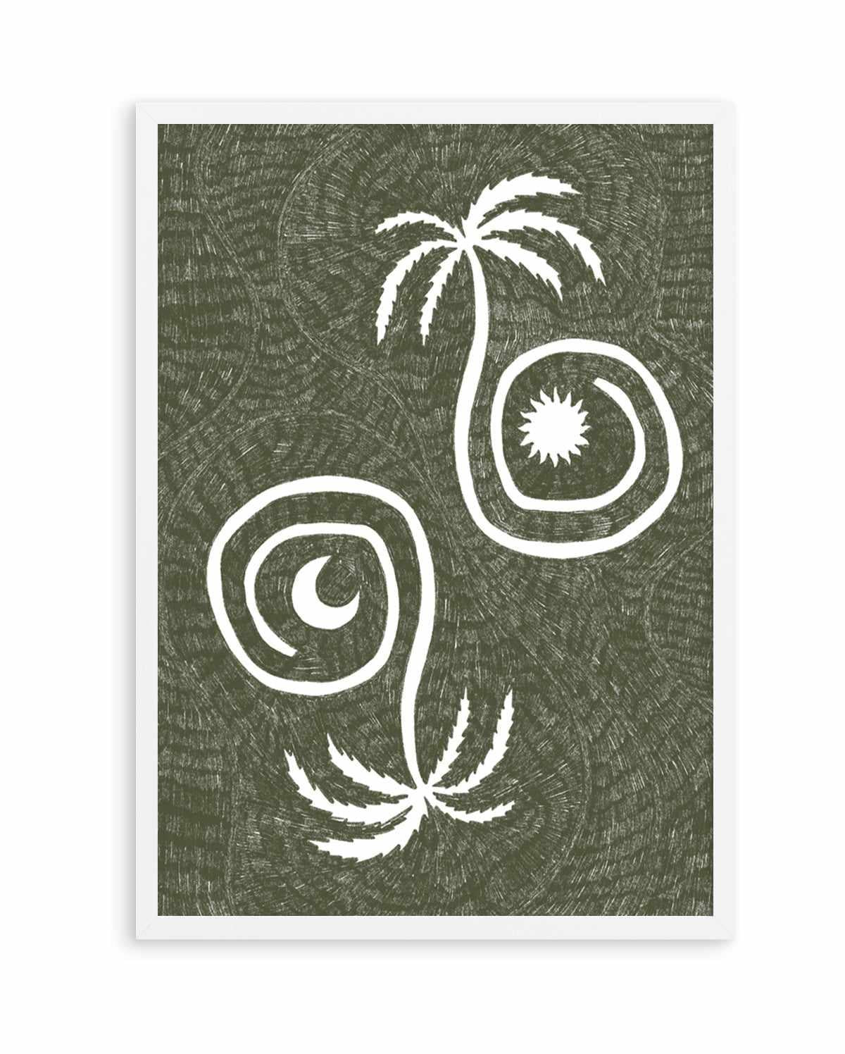 Sun Moon And Palm Trees Olive Green by Shatha Al Dafai | Art Print from Olive et Oriel where you can shop wallpaper and artworks online