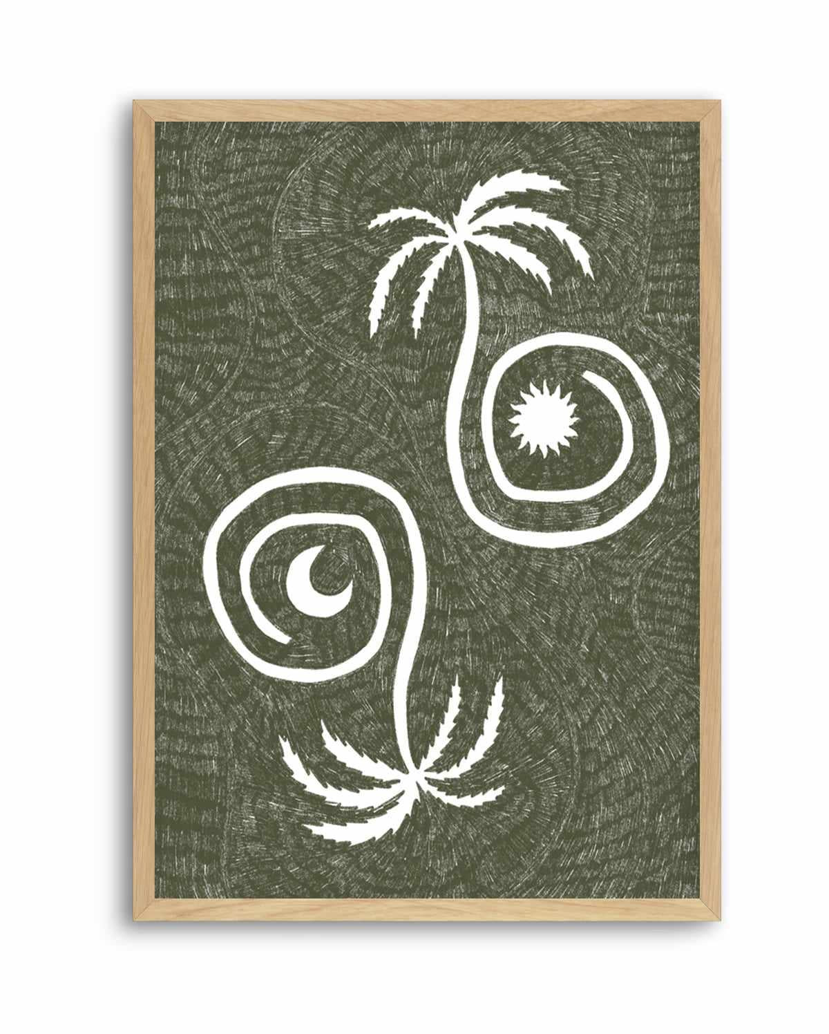 Sun Moon And Palm Trees Olive Green by Shatha Al Dafai | Art Print from Olive et Oriel where you can shop wallpaper and artworks online