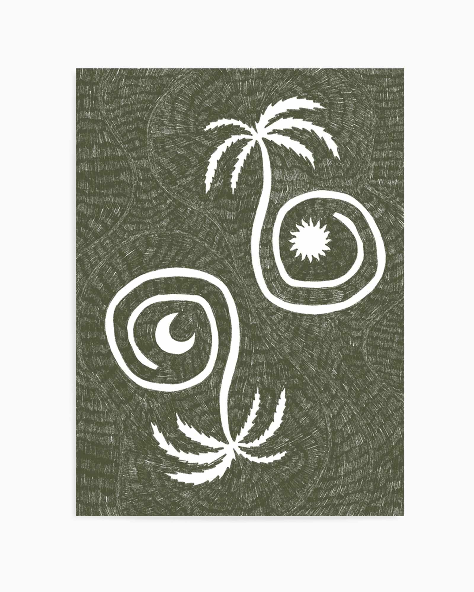 Sun Moon And Palm Trees Olive Green by Shatha Al Dafai | Art Print from Olive et Oriel where you can shop wallpaper and artworks online