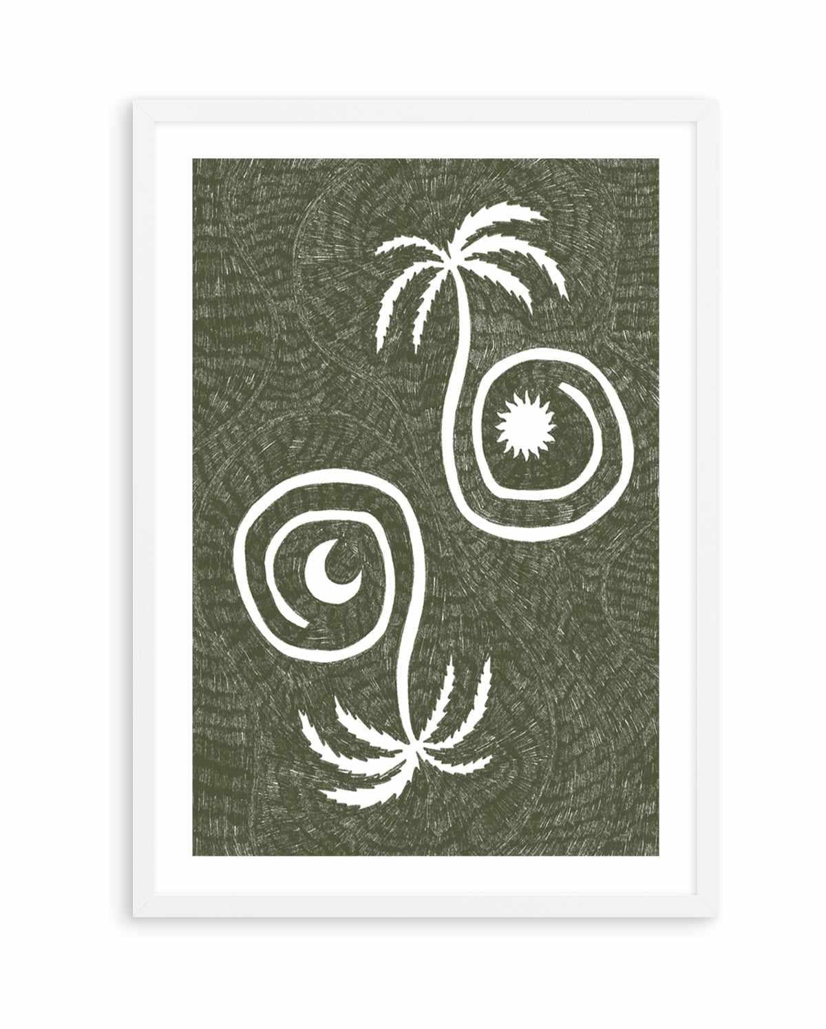 Sun Moon And Palm Trees Olive Green by Shatha Al Dafai | Art Print from Olive et Oriel where you can shop wallpaper and artworks online