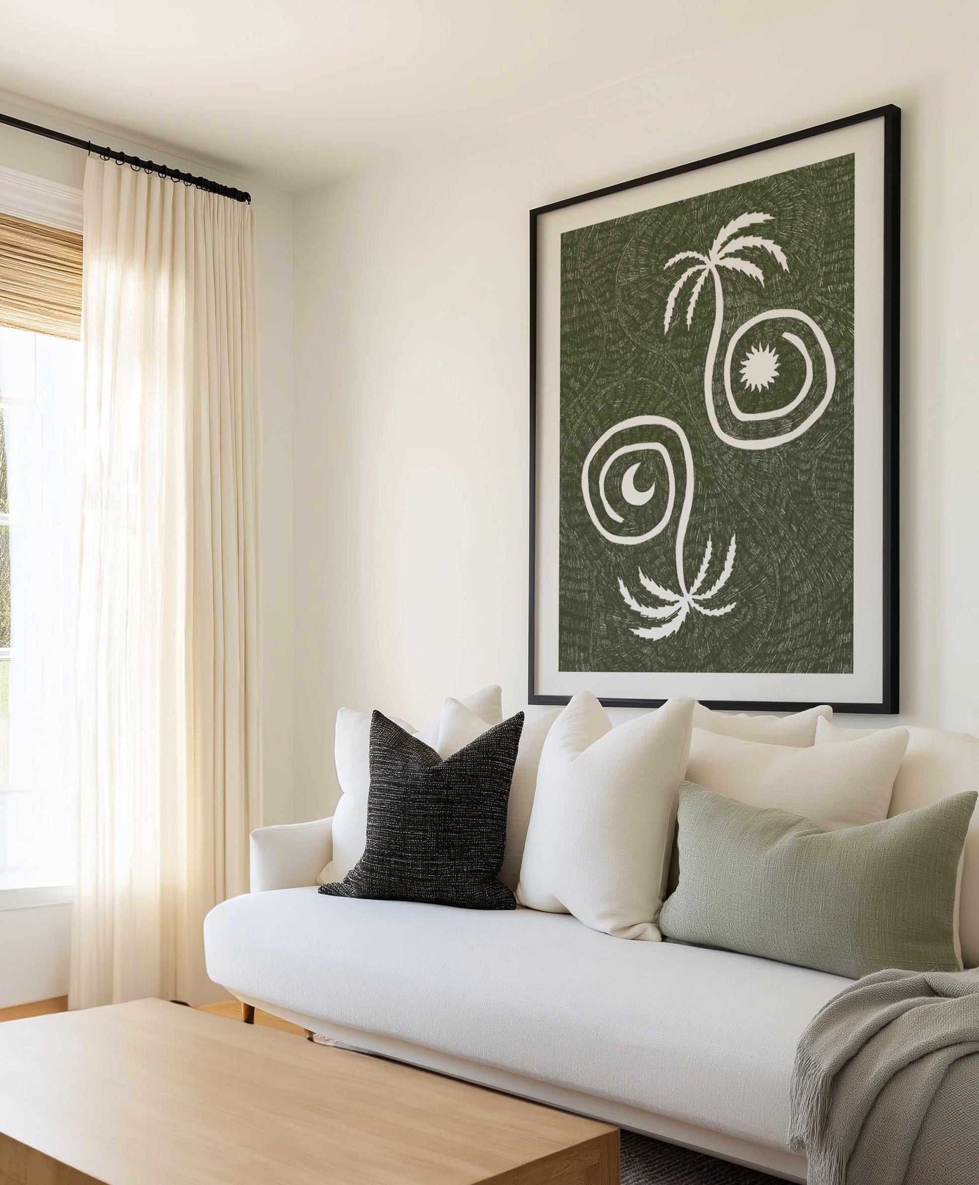Sun Moon And Palm Trees Olive Green by Shatha Al Dafai | Art Print from Olive et Oriel where you can shop wallpaper and artworks online