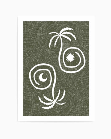 Sun Moon And Palm Trees Olive Green by Shatha Al Dafai | Art Print from Olive et Oriel where you can shop wallpaper and artworks online