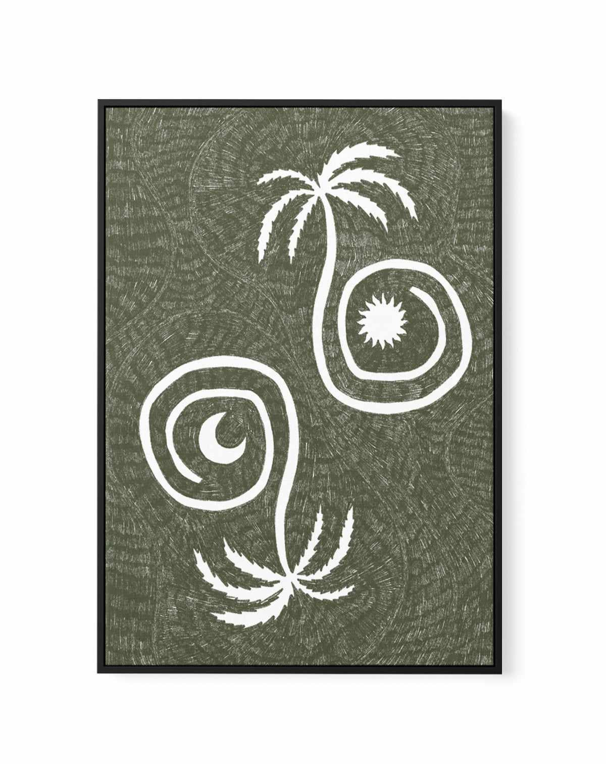 Sun Moon And Palm Trees Olive Green by Shatha Al Dafai | Framed Canvas Art Print from Olive et Oriel where you can shop wallpaper and artworks online