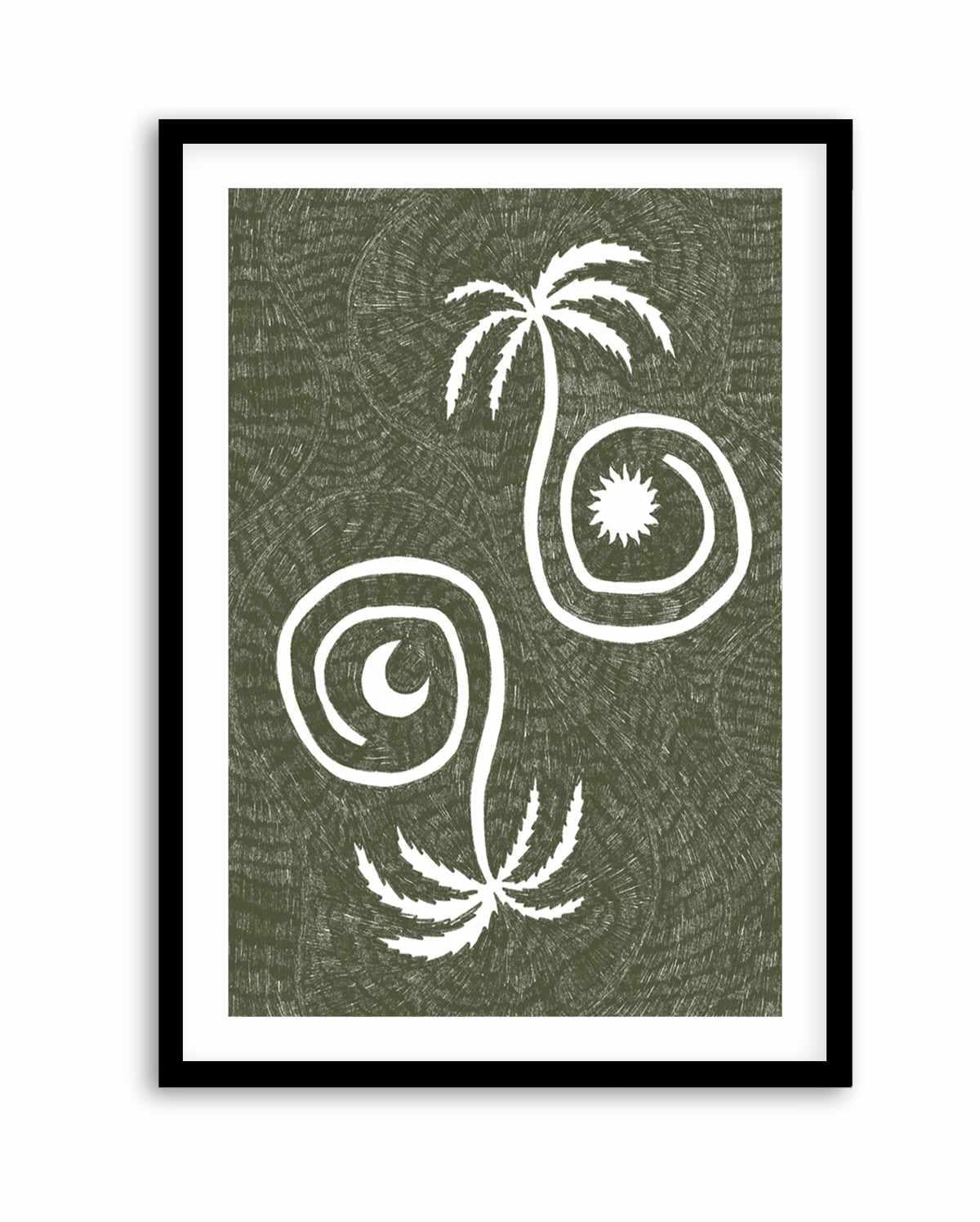 Sun Moon And Palm Trees Olive Green by Shatha Al Dafai | Art Print from Olive et Oriel where you can shop wallpaper and artworks online