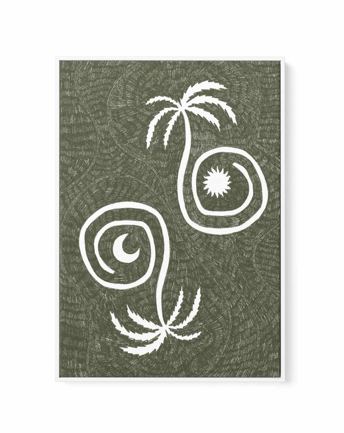 Sun Moon And Palm Trees Olive Green by Shatha Al Dafai | Framed Canvas Art Print from Olive et Oriel where you can shop wallpaper and artworks online