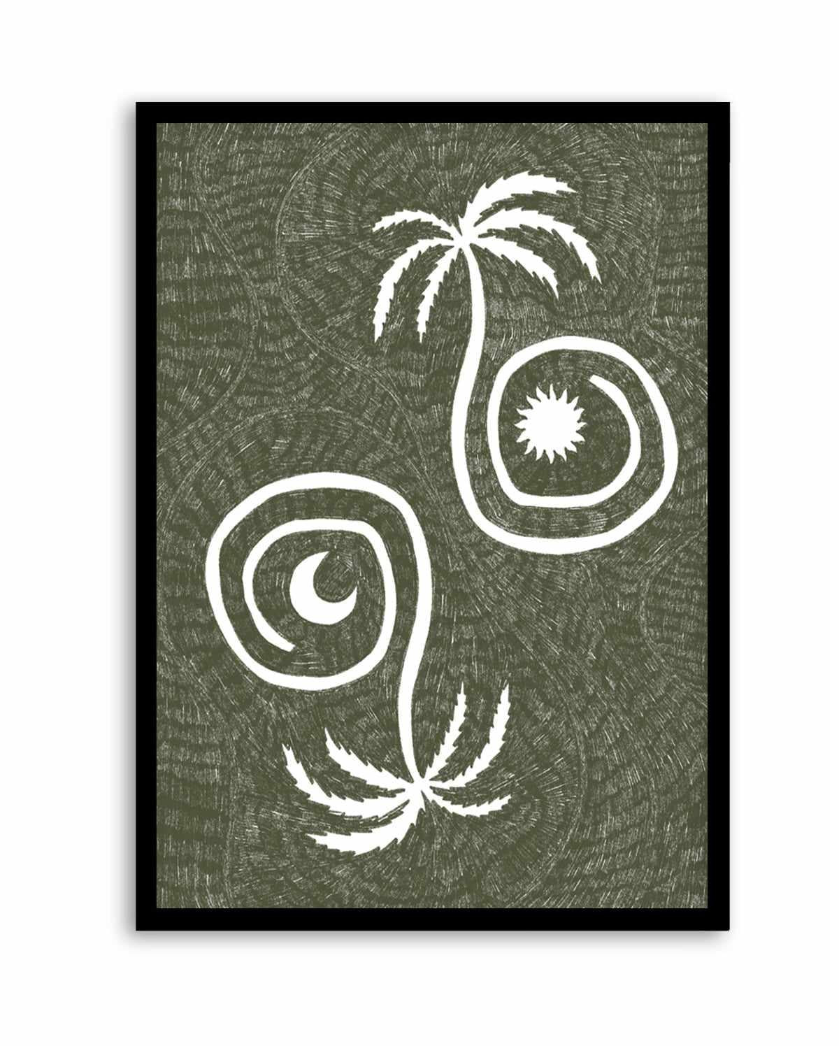Sun Moon And Palm Trees Olive Green by Shatha Al Dafai | Art Print from Olive et Oriel where you can shop wallpaper and artworks online