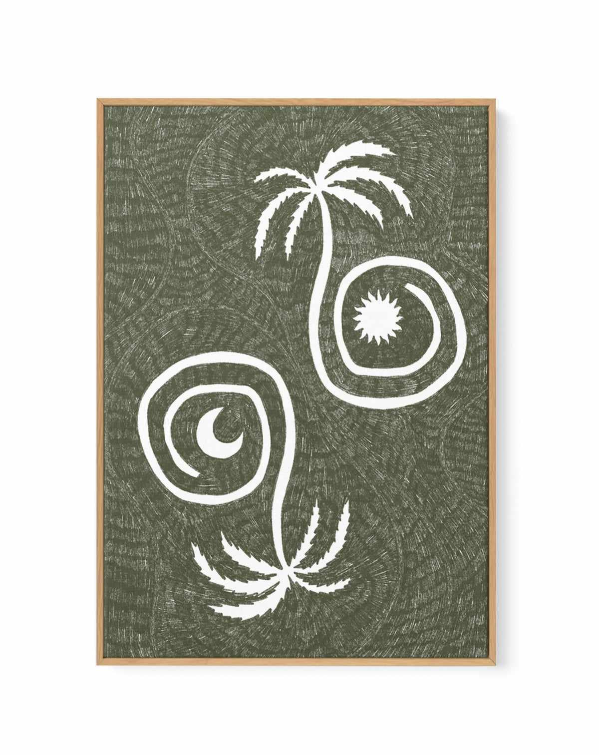 Sun Moon And Palm Trees Olive Green by Shatha Al Dafai | Framed Canvas Art Print from Olive et Oriel where you can shop wallpaper and artworks online