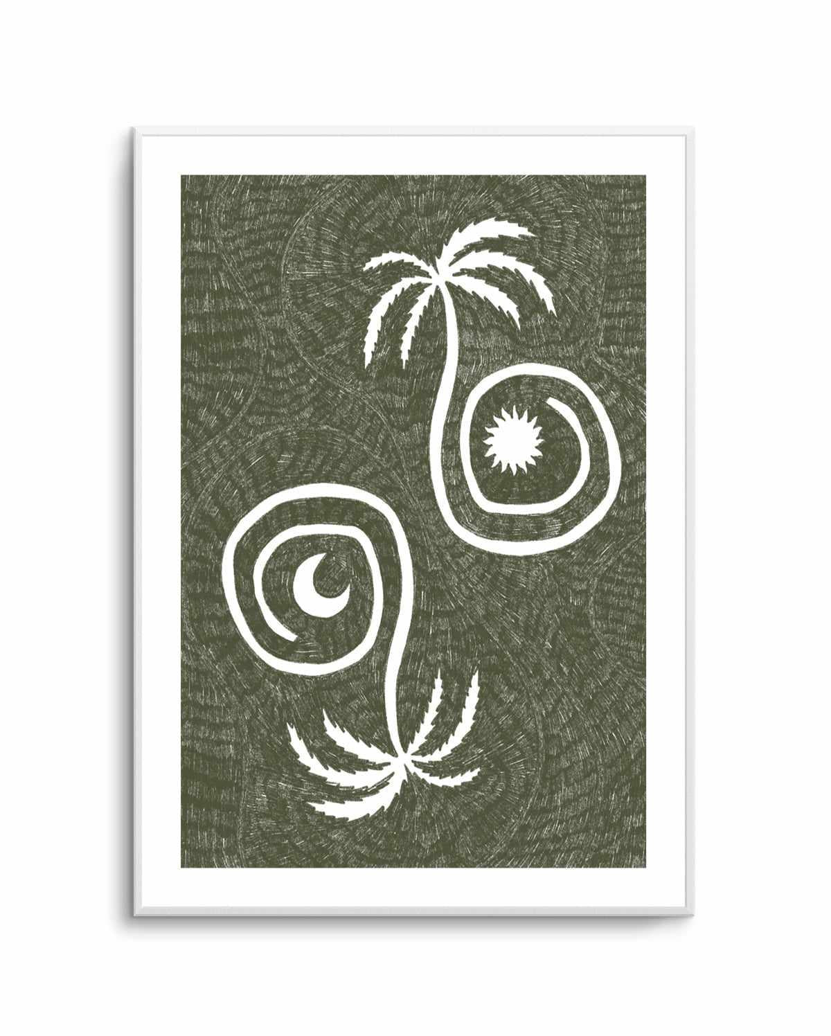 Sun Moon And Palm Trees Olive Green by Shatha Al Dafai | Art Print from Olive et Oriel where you can shop wallpaper and artworks online
