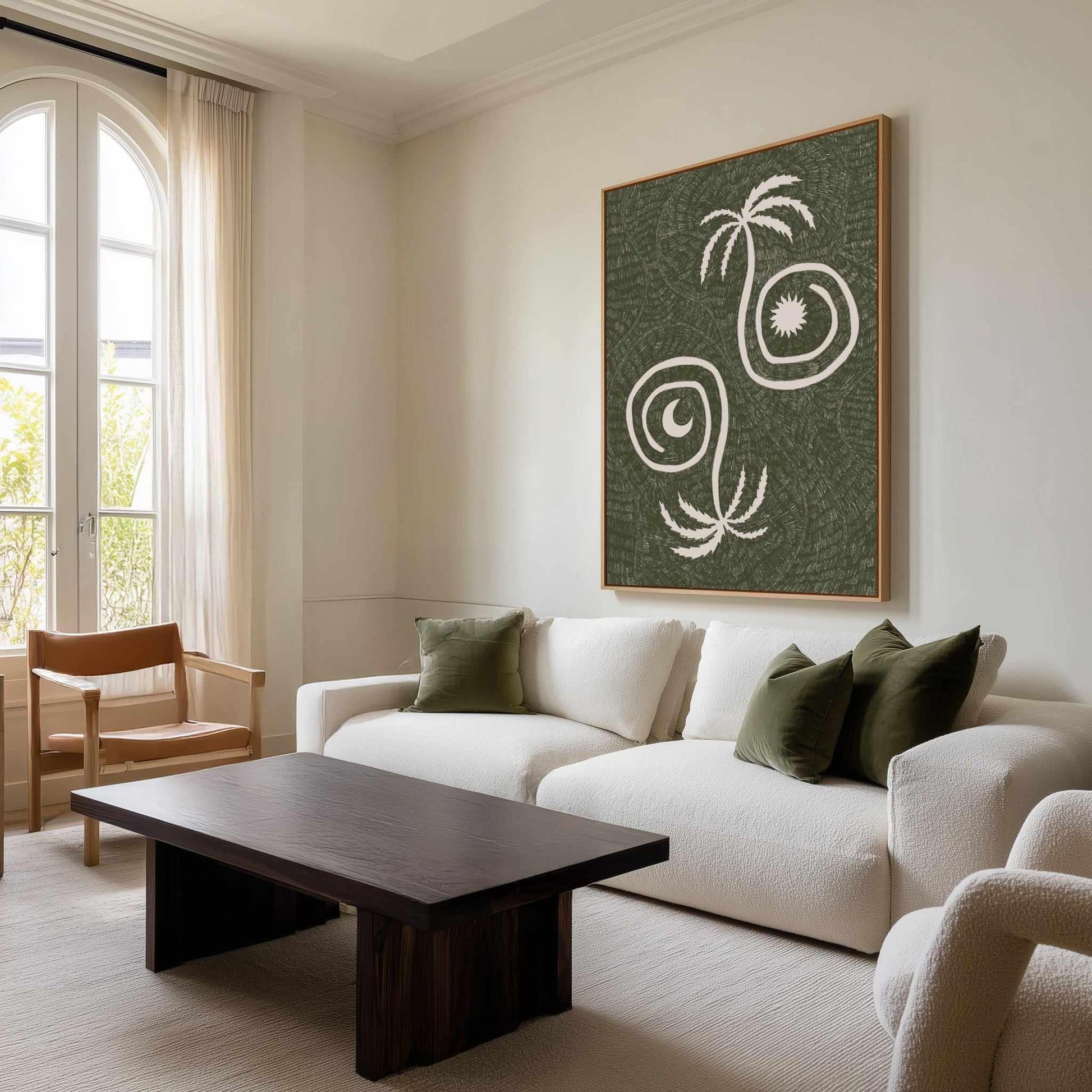 Sun Moon And Palm Trees Olive Green by Shatha Al Dafai | Framed Canvas Art Print from Olive et Oriel where you can shop wallpaper and artworks online