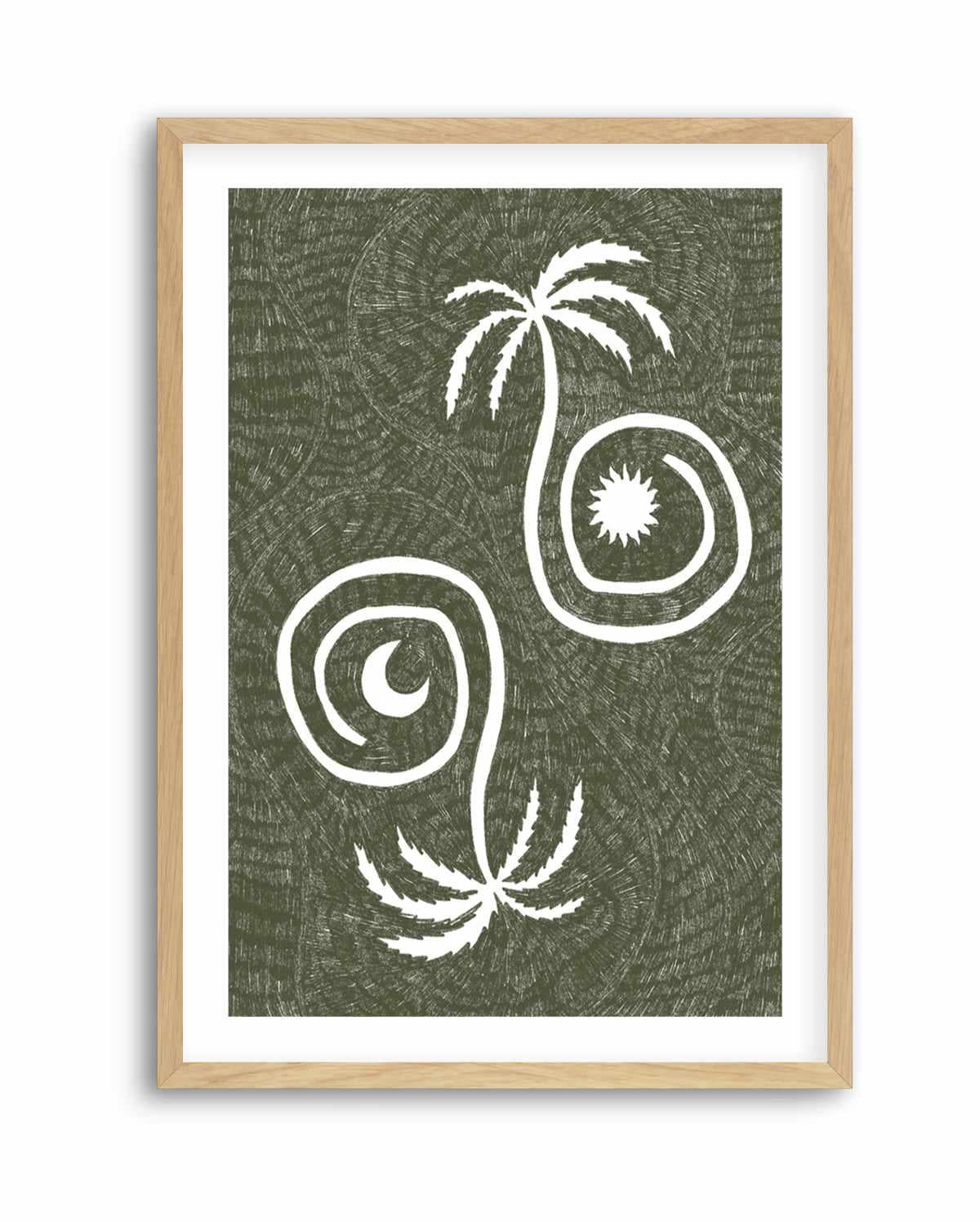 Sun Moon And Palm Trees Olive Green by Shatha Al Dafai | Art Print from Olive et Oriel where you can shop wallpaper and artworks online