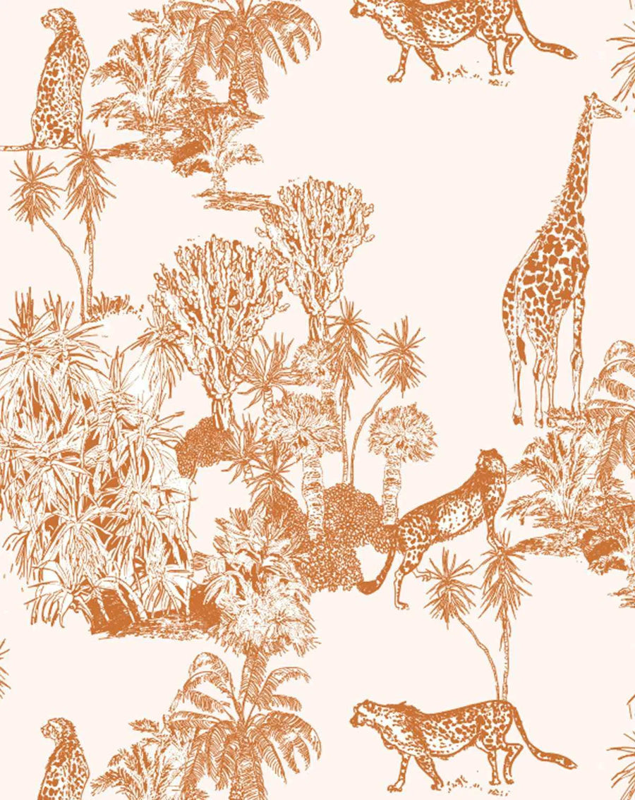 Peel and stick wallpaper featuring a repeating pattern of hand-drawn safari animals and tropical foliage in a warm terracotta orange on a light cream background. The design includes cheetahs, a giraffe, and various palm trees and desert plants with a detailed, illustrative quality.
