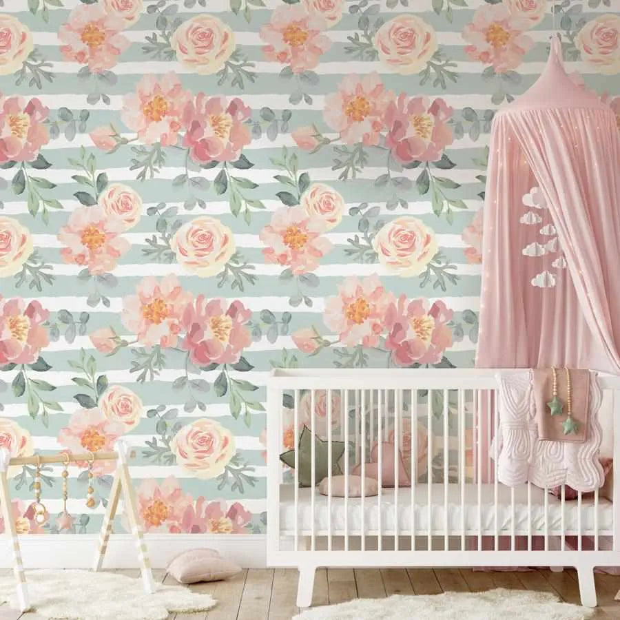 Sage Stripes & Pink Flowers Wallpaper-Wallpaper-Buy Kids Removable Wallpaper Online Our Custom Made Children‚àö¬¢‚Äö√á¬®‚Äö√ë¬¢s Wallpapers Are A Fun Way To Decorate And Enhance Boys Bedroom Decor And Girls Bedrooms They Are An Amazing Addition To Your Kids Bedroom Walls Our Collection of Kids Wallpaper Is Sure To Transform Your Kids Rooms Interior Style From Pink Wallpaper To Dinosaur Wallpaper Even Marble Wallpapers For Teen Boys Shop Peel And Stick Wallpaper Online Today With Olive et Oriel