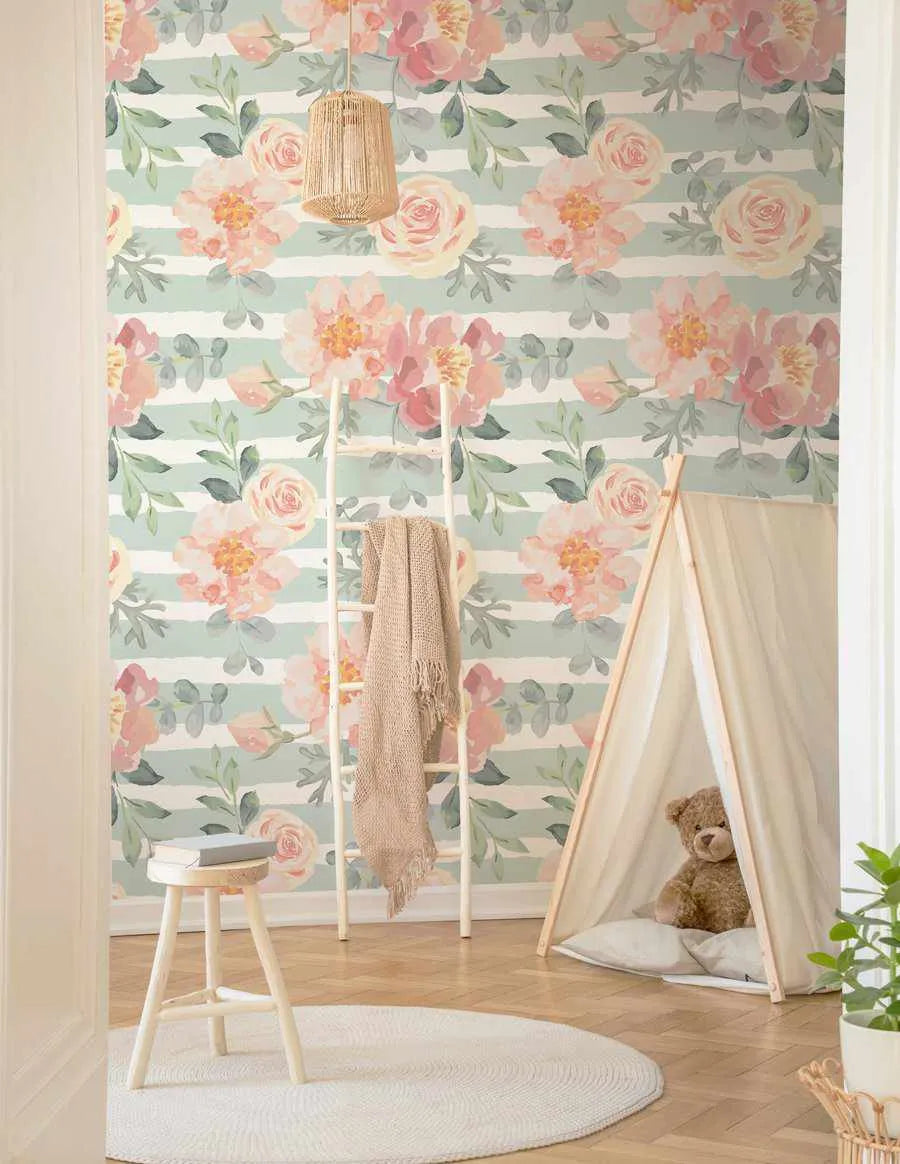 Sage Stripes & Pink Flowers Wallpaper-Wallpaper-Buy Kids Removable Wallpaper Online Our Custom Made Children‚àö¬¢‚Äö√á¬®‚Äö√ë¬¢s Wallpapers Are A Fun Way To Decorate And Enhance Boys Bedroom Decor And Girls Bedrooms They Are An Amazing Addition To Your Kids Bedroom Walls Our Collection of Kids Wallpaper Is Sure To Transform Your Kids Rooms Interior Style From Pink Wallpaper To Dinosaur Wallpaper Even Marble Wallpapers For Teen Boys Shop Peel And Stick Wallpaper Online Today With Olive et Oriel