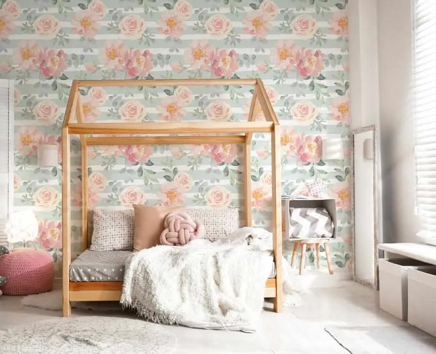Sage Stripes & Pink Flowers Wallpaper-Wallpaper-Buy Kids Removable Wallpaper Online Our Custom Made Children‚àö¬¢‚Äö√á¬®‚Äö√ë¬¢s Wallpapers Are A Fun Way To Decorate And Enhance Boys Bedroom Decor And Girls Bedrooms They Are An Amazing Addition To Your Kids Bedroom Walls Our Collection of Kids Wallpaper Is Sure To Transform Your Kids Rooms Interior Style From Pink Wallpaper To Dinosaur Wallpaper Even Marble Wallpapers For Teen Boys Shop Peel And Stick Wallpaper Online Today With Olive et Oriel