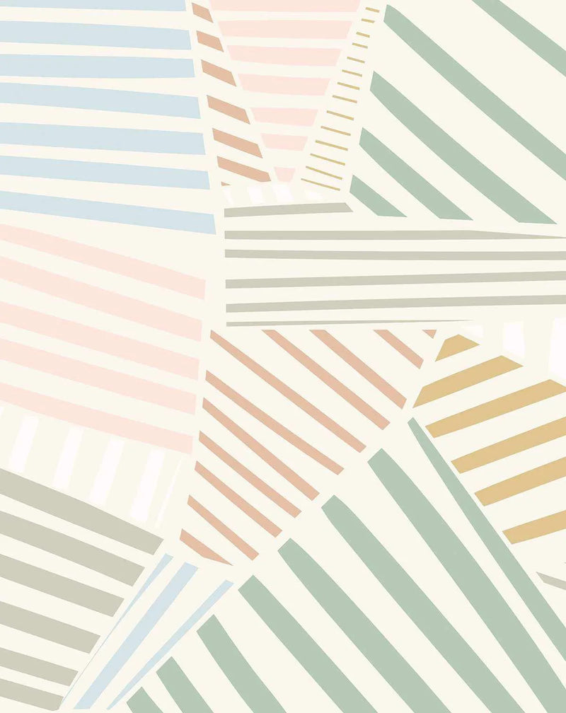 Peel and stick wallpaper featuring a patchwork design of various striped patterns in soft pastel shades of pale blue, blush pink, sage green, light grey, and muted gold on an off-white background. The stripes vary in width and orientation, some horizontal, some vertical, and some diagonal, creating a playful, geometric, and hand-drawn aesthetic.